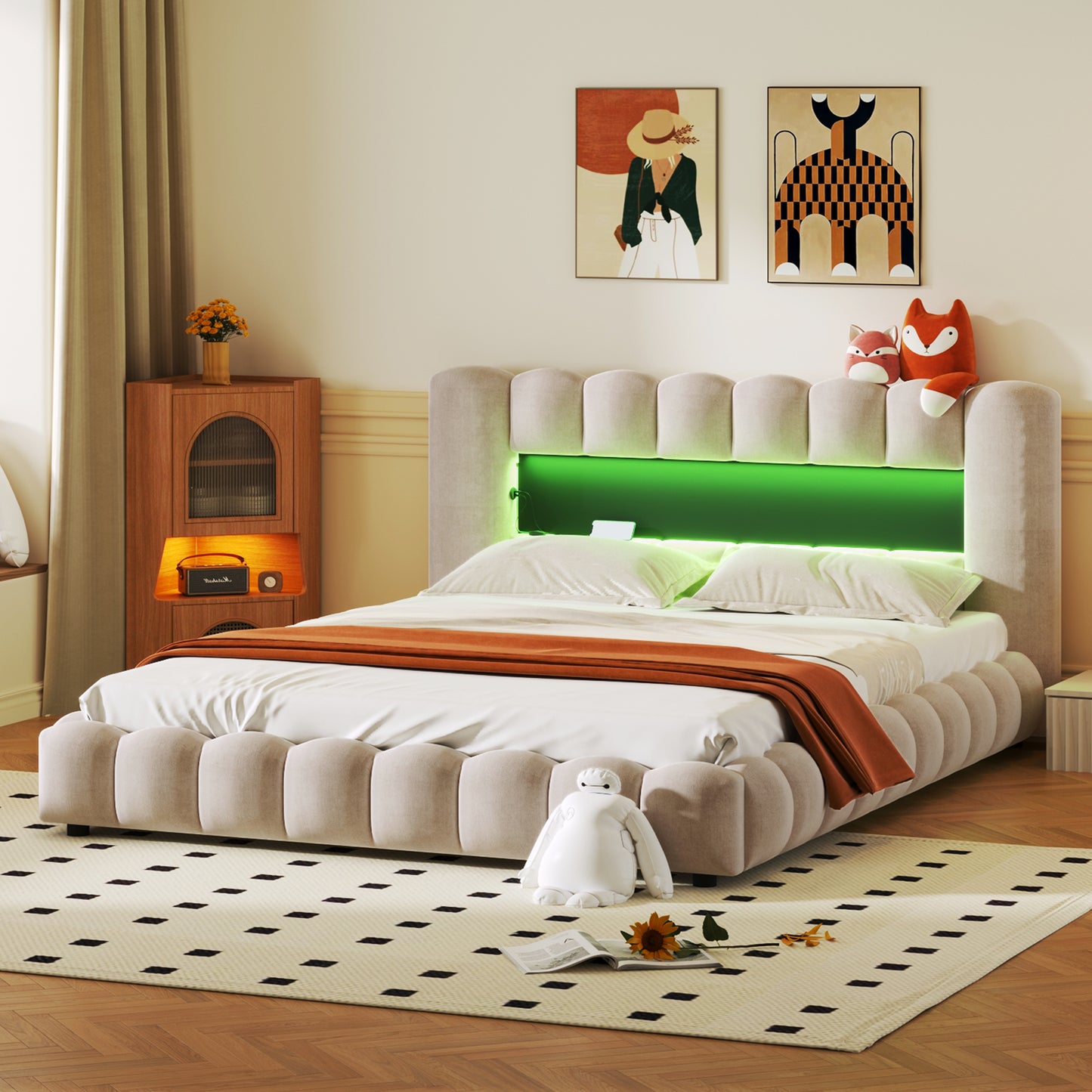 （缺货，同款深灰色有货）Queen Size Upholstered Platform Bed with LED Headboard and USB, Beige