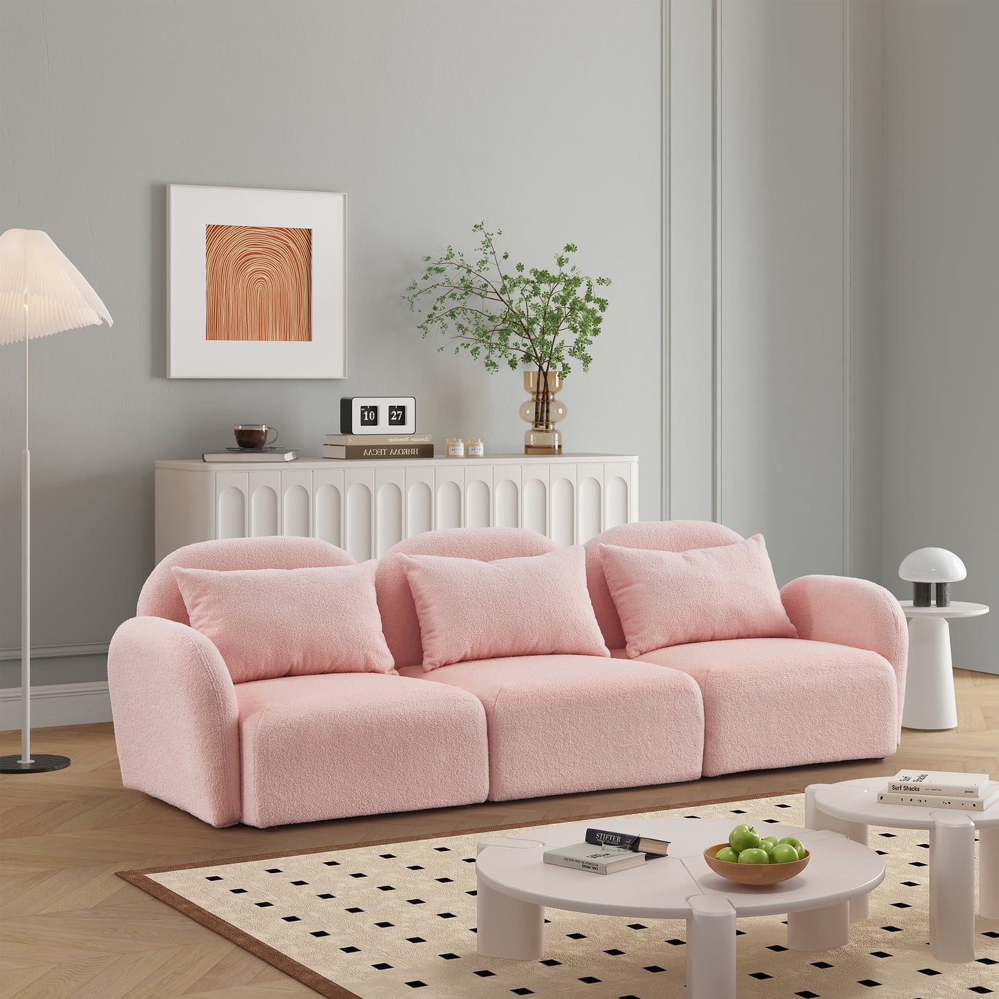 （最后5个库存）Living Room Furniture Three Seat Lazy Sofa Teddy Fabric Pink