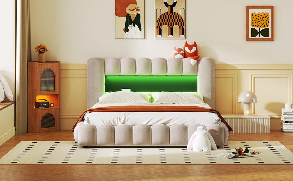 （缺货，同款深灰色有货）Queen Size Upholstered Platform Bed with LED Headboard and USB, Beige