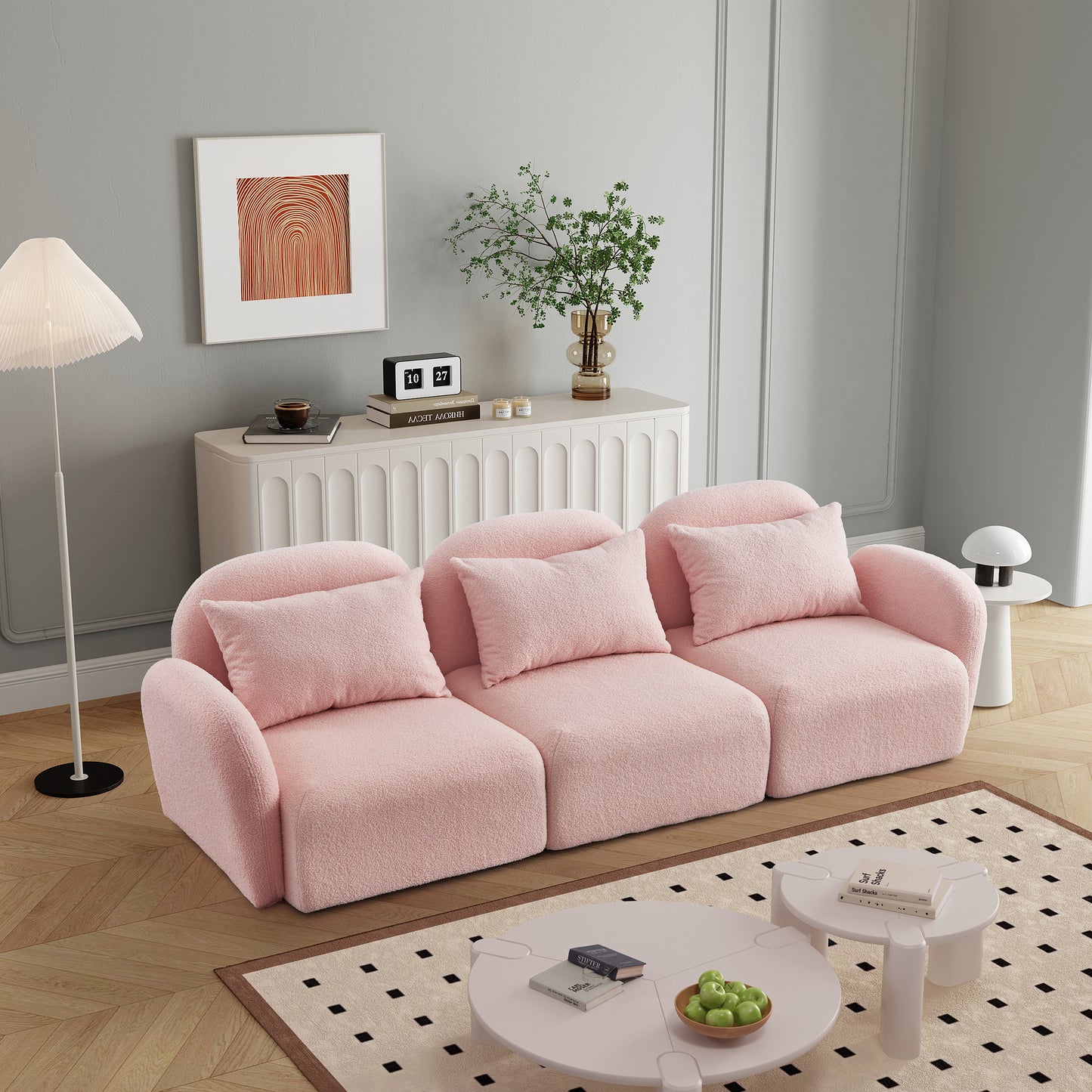 （最后5个库存）Living Room Furniture Three Seat Lazy Sofa Teddy Fabric Pink