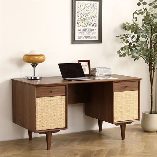 （最后3个库存）Black Walnut Desk with Natural Rattan Net - Large Home Office Workstation with Storage 57.09 inch