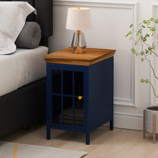 Nightstand with Storage Cabinet & Solid Wood Tabletop, Bedside Table, Sofa Side Coffee Table for Bedroom, Living Room, Dark Blue