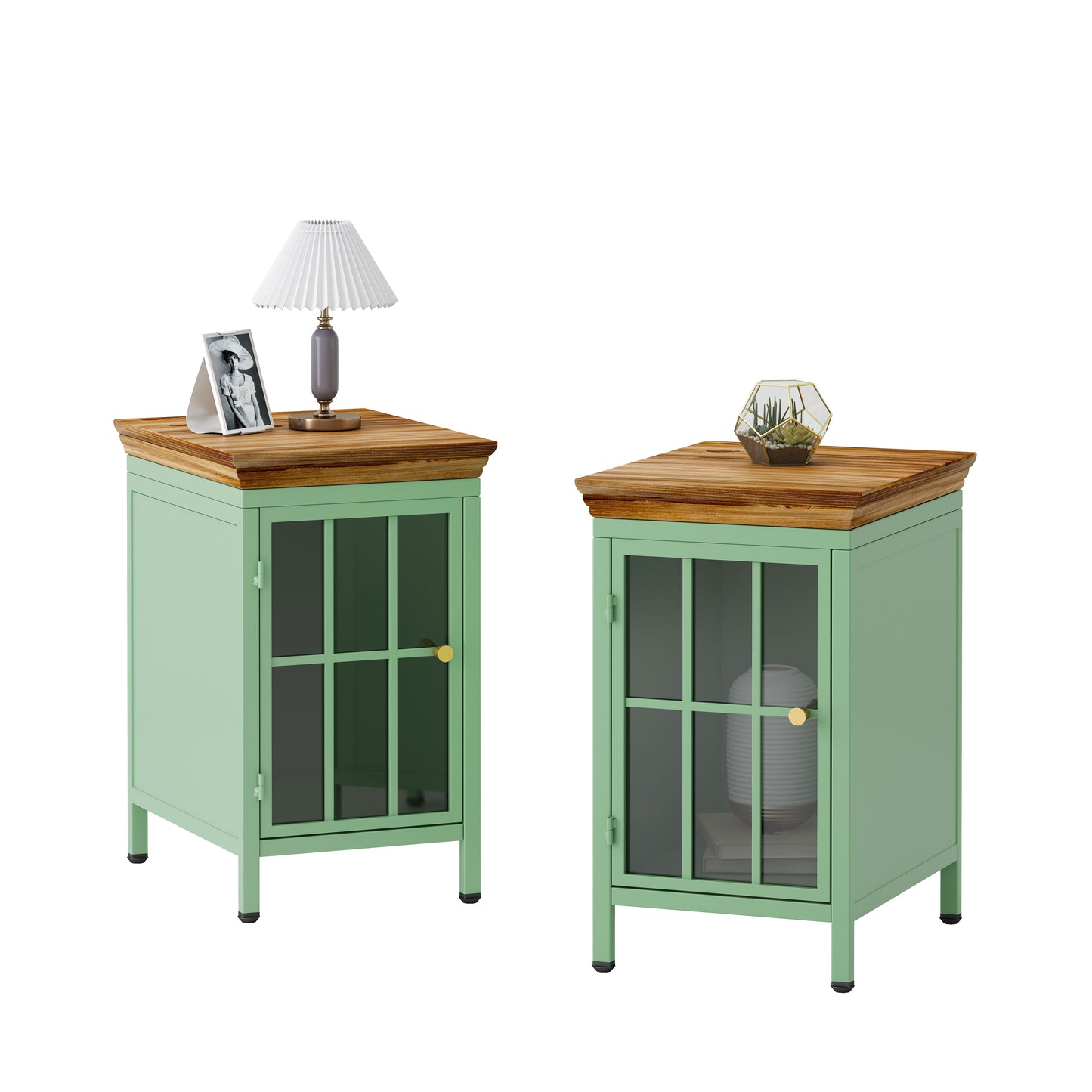 Nightstand with Storage Cabinet & Solid Wood Tabletop, Bedside Table, Sofa Side Coffee Table for Bedroom, Living Room, Green(Set of Two Pieces)