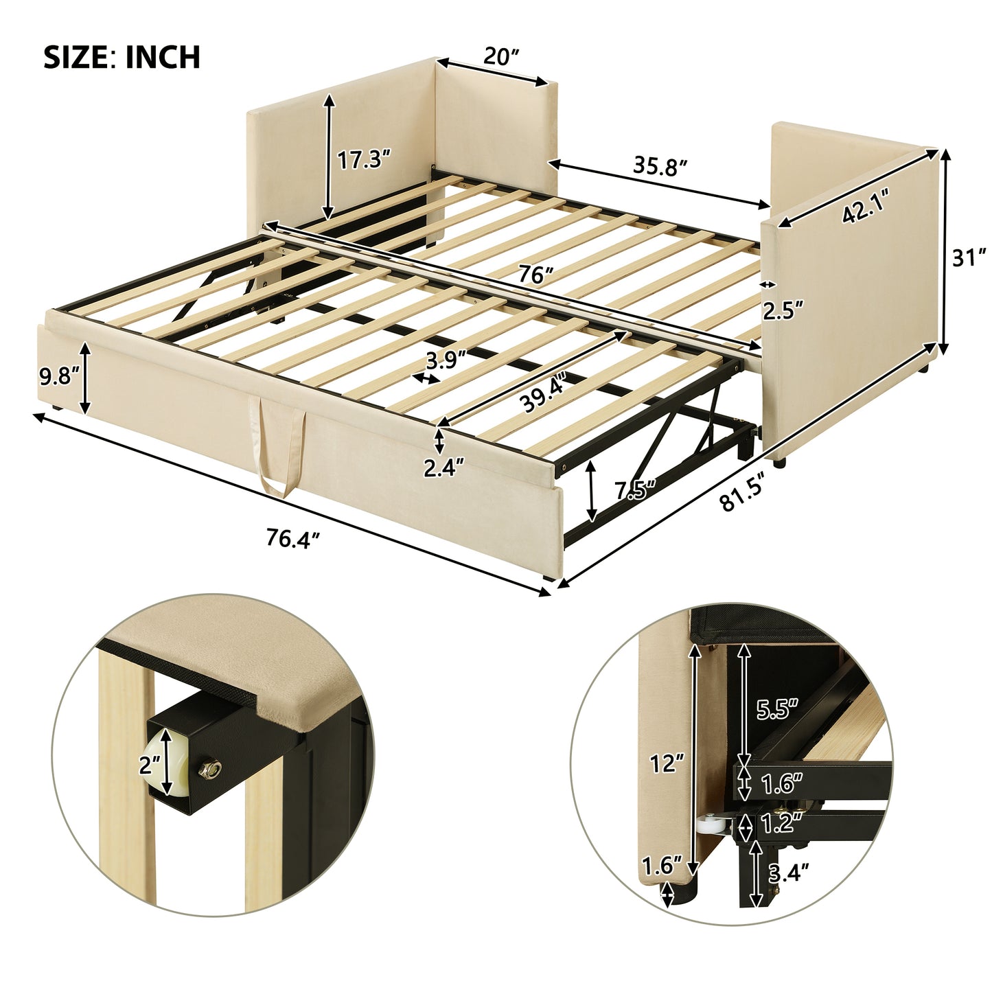 Twin Size Upholstered daybed with Pop Up Trundle, Beige