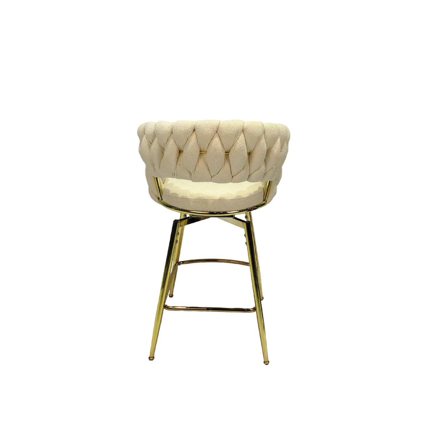 （缺货）Bar Chair Toweling Woven Bar Stool Set of 4,Golden legs Barstools No Adjustable Kitchen Island Chairs,360 Swivel Bar Stools Upholstered Counter Stool Arm Chairs with Back Footrest, (White)