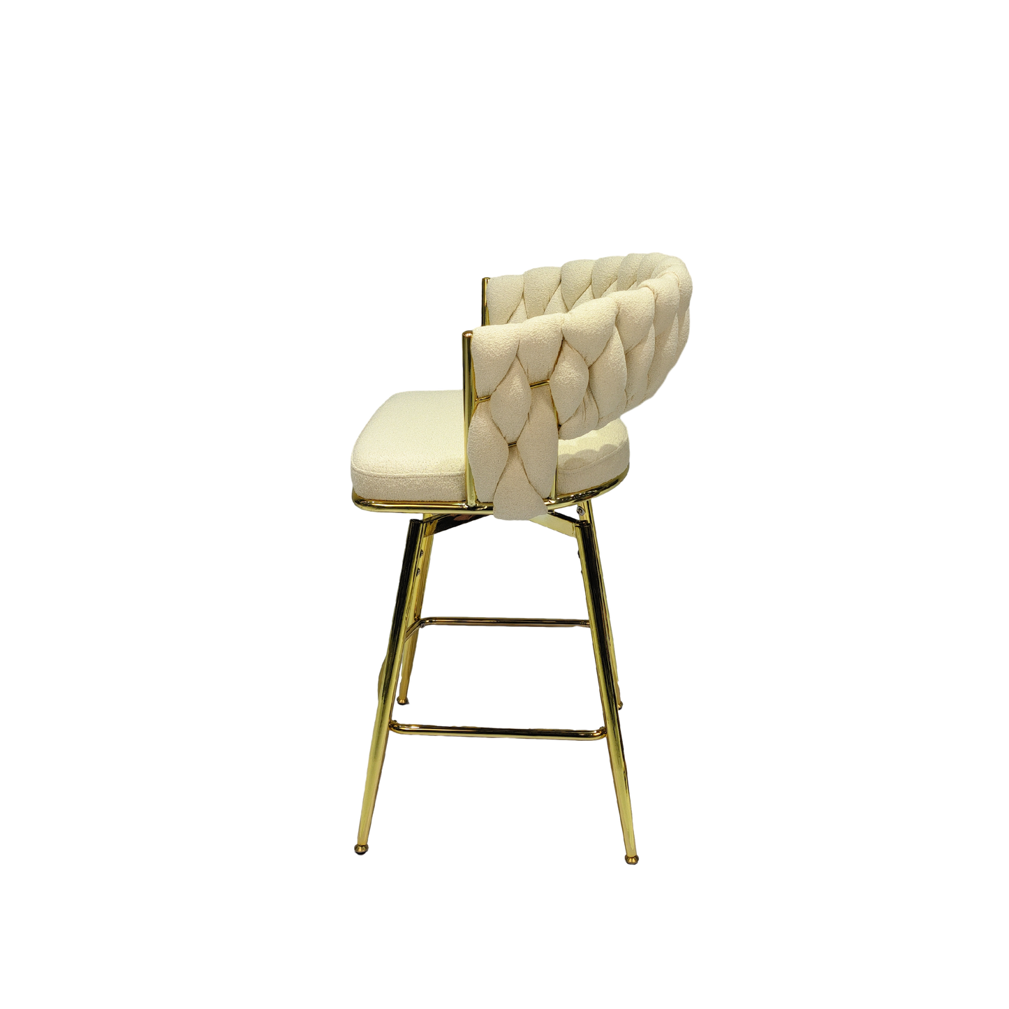 （缺货）Bar Chair Toweling Woven Bar Stool Set of 4,Golden legs Barstools No Adjustable Kitchen Island Chairs,360 Swivel Bar Stools Upholstered Counter Stool Arm Chairs with Back Footrest, (White)