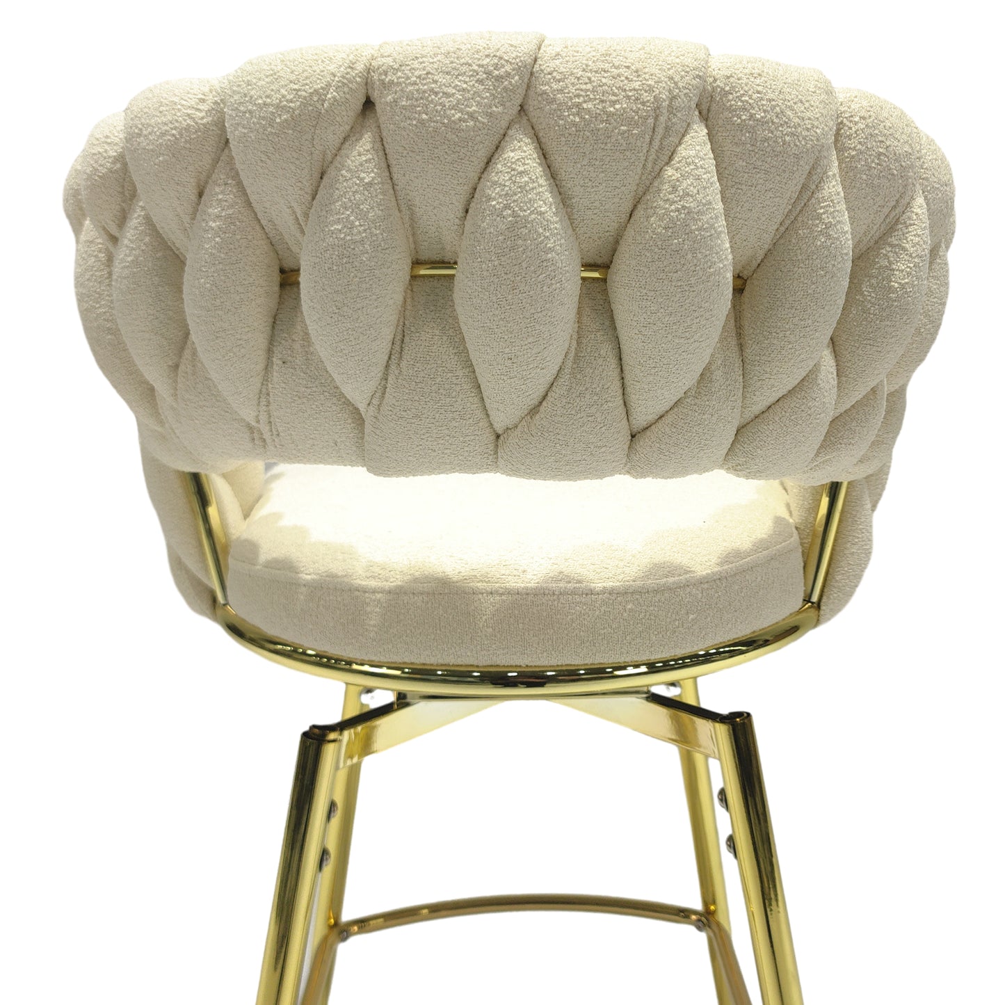 （缺货）Bar Chair Toweling Woven Bar Stool Set of 4,Golden legs Barstools No Adjustable Kitchen Island Chairs,360 Swivel Bar Stools Upholstered Counter Stool Arm Chairs with Back Footrest, (White)