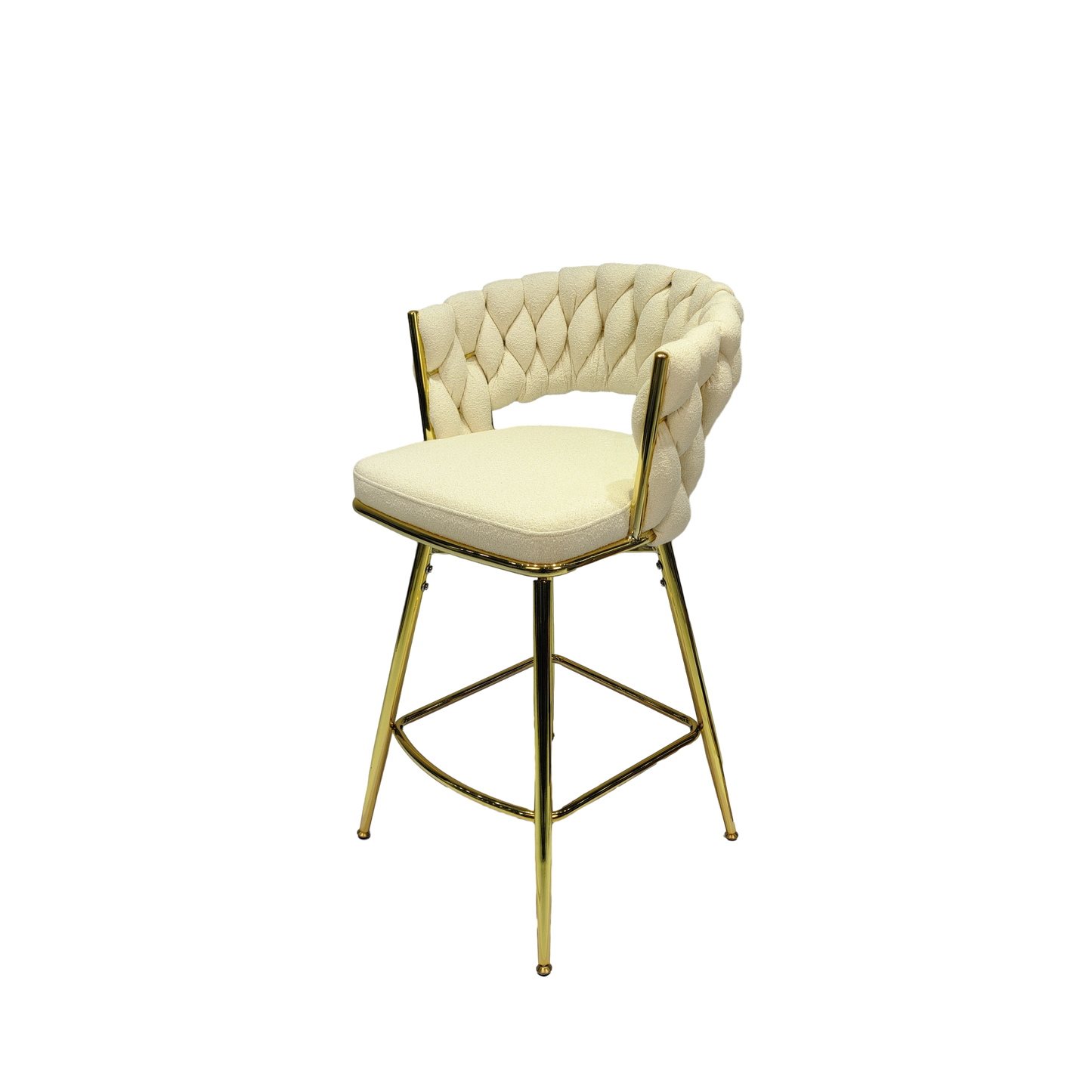 （缺货）Bar Chair Toweling Woven Bar Stool Set of 4,Golden legs Barstools No Adjustable Kitchen Island Chairs,360 Swivel Bar Stools Upholstered Counter Stool Arm Chairs with Back Footrest, (White)