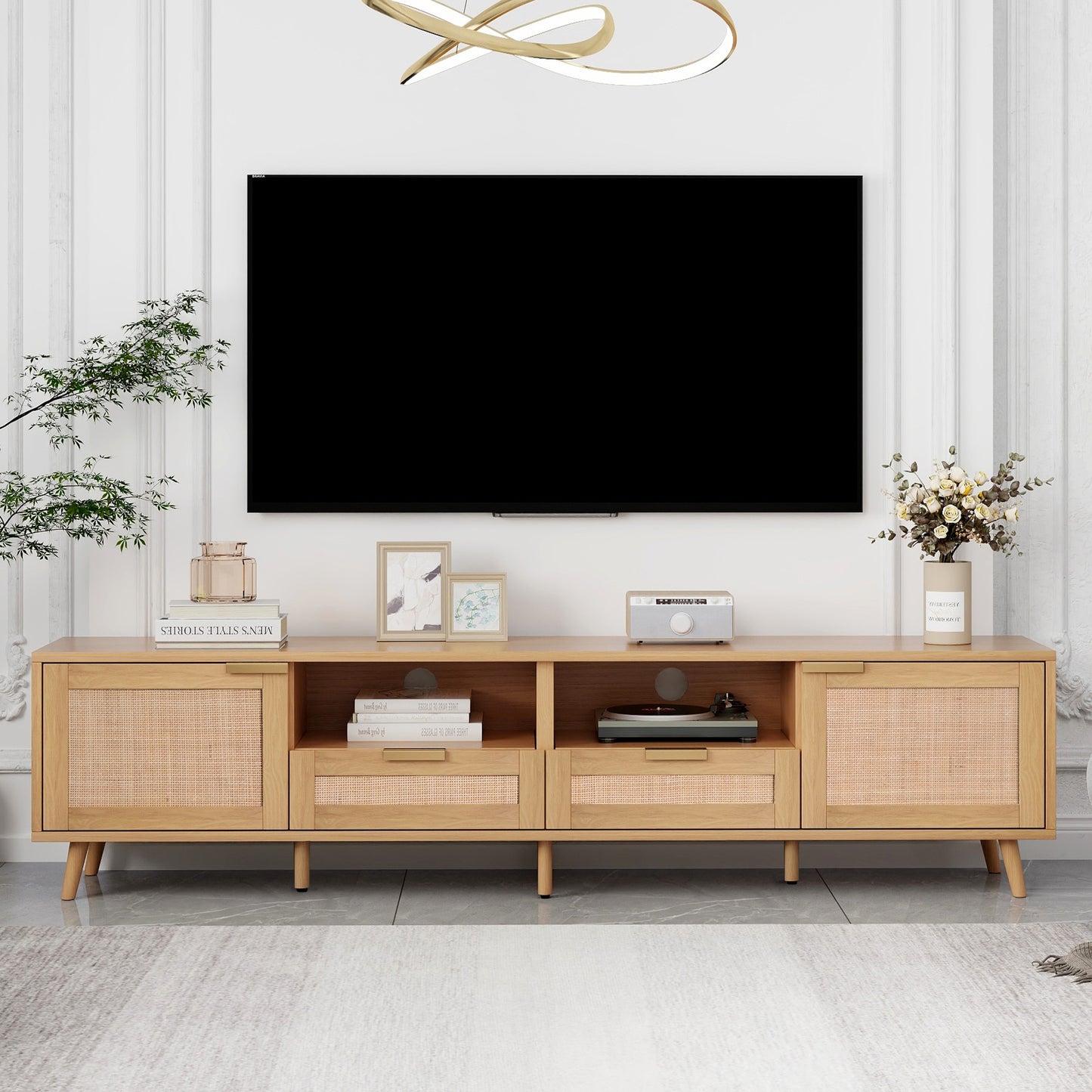 Rattan TV Stand for TVs up to 85'', Modern Farmhouse Media Console, Entertainment Center with Solid Wood Legs, TV Cabinet for Living Room,Home Theatre