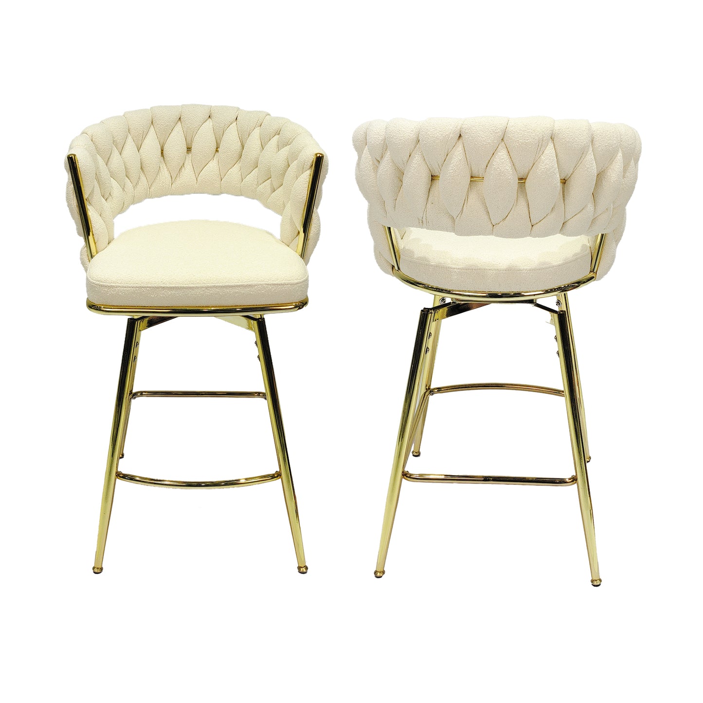 （缺货）Bar Chair Toweling Woven Bar Stool Set of 4,Golden legs Barstools No Adjustable Kitchen Island Chairs,360 Swivel Bar Stools Upholstered Counter Stool Arm Chairs with Back Footrest, (White)