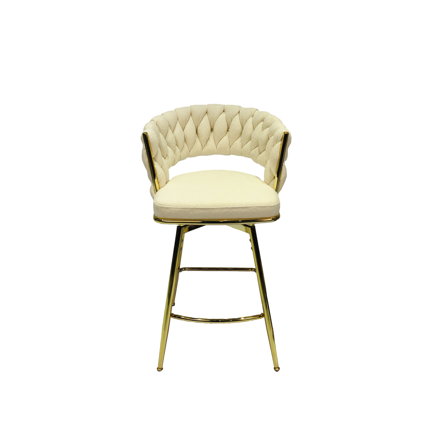 （缺货）Bar Chair Toweling Woven Bar Stool Set of 4,Golden legs Barstools No Adjustable Kitchen Island Chairs,360 Swivel Bar Stools Upholstered Counter Stool Arm Chairs with Back Footrest, (White)