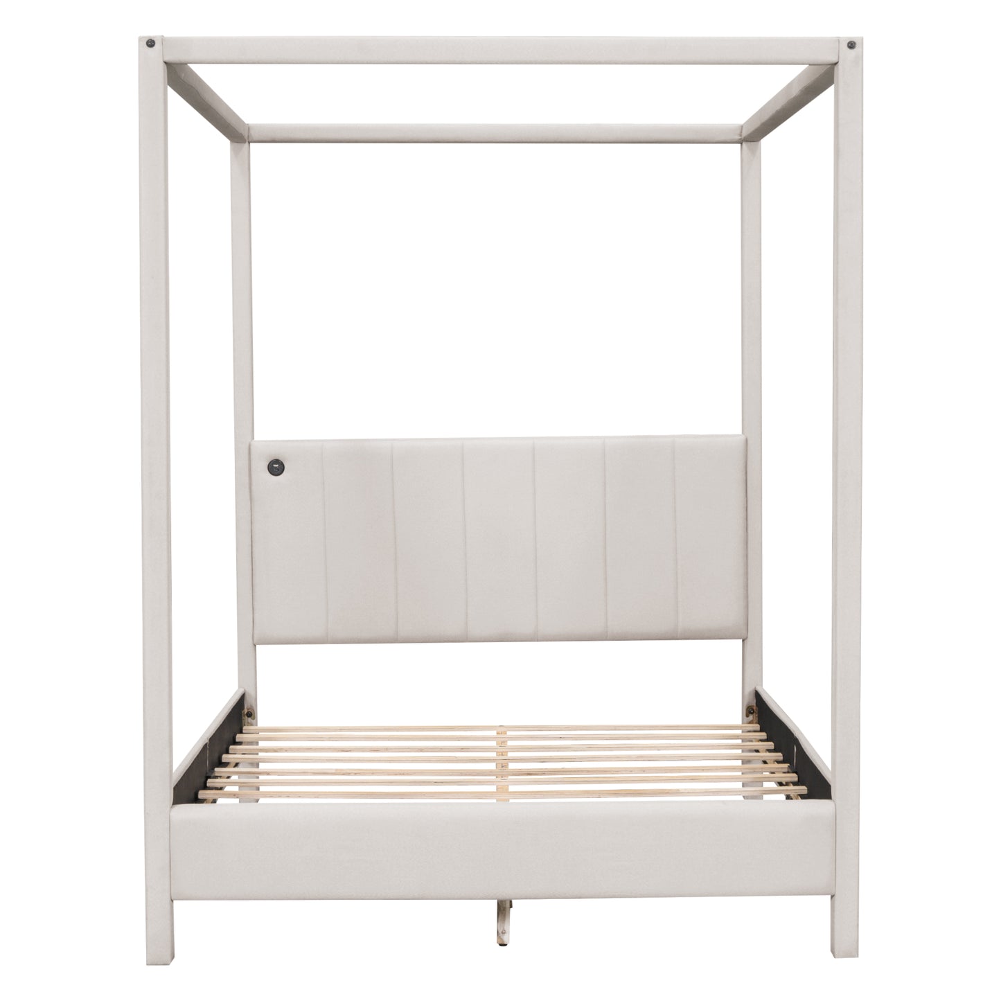 Queen Size Canopy Platform Bed with USB and Type-C Ports, Canvas, Beige