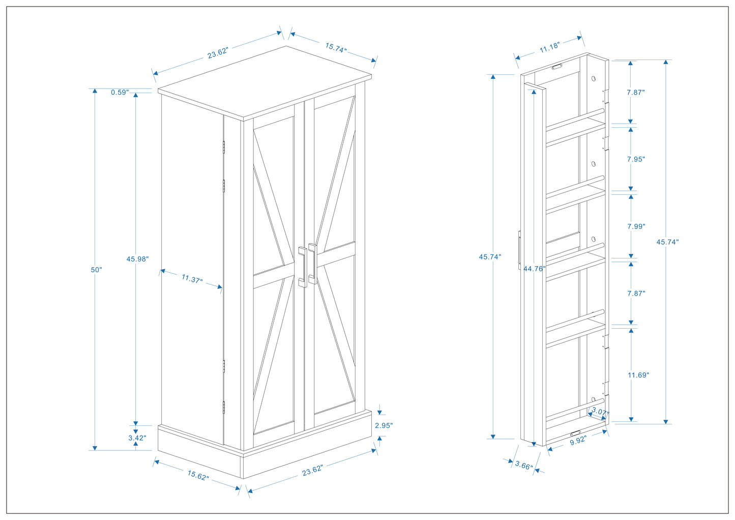 50" LED Kitchen Pantry Cabinet,Freestanding Buffet Cupboards Sideboard with 2 Doors with Racks and Shelves for Kitchen, Living Room and Dinning Room-White