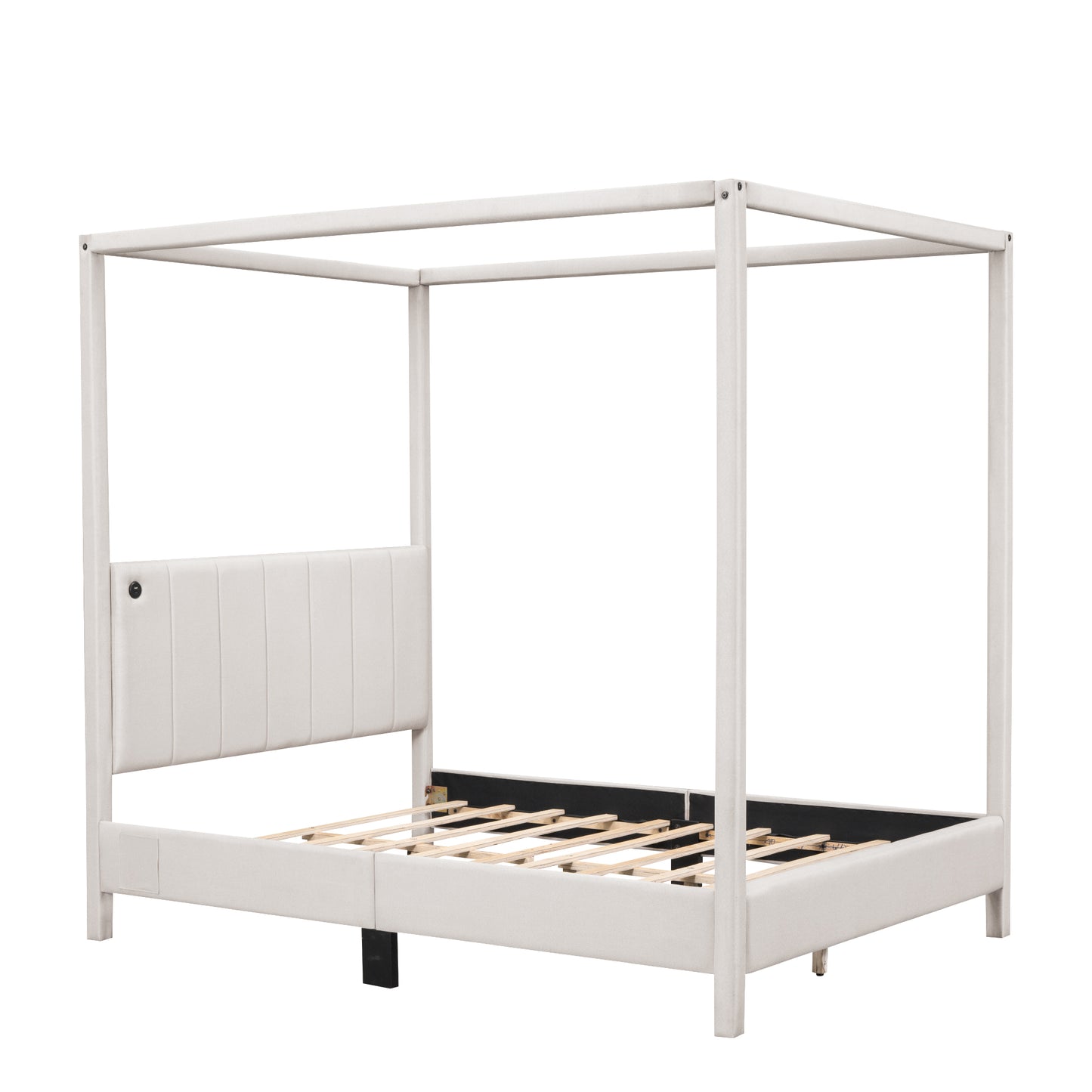 Queen Size Canopy Platform Bed with USB and Type-C Ports, Canvas, Beige