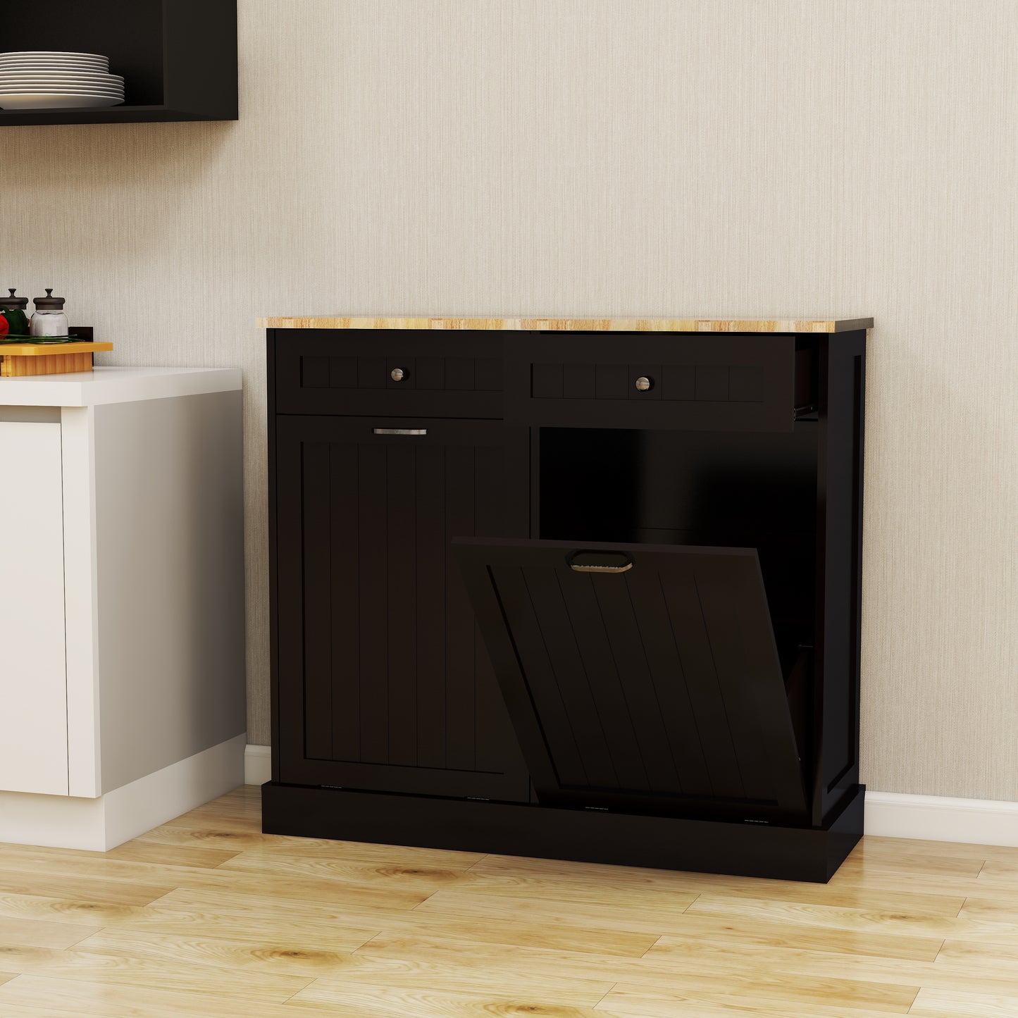 Two Drawers and Two-Compartment Tilt-Out Trash Cabinet Kitchen Trash Cabinet-Black