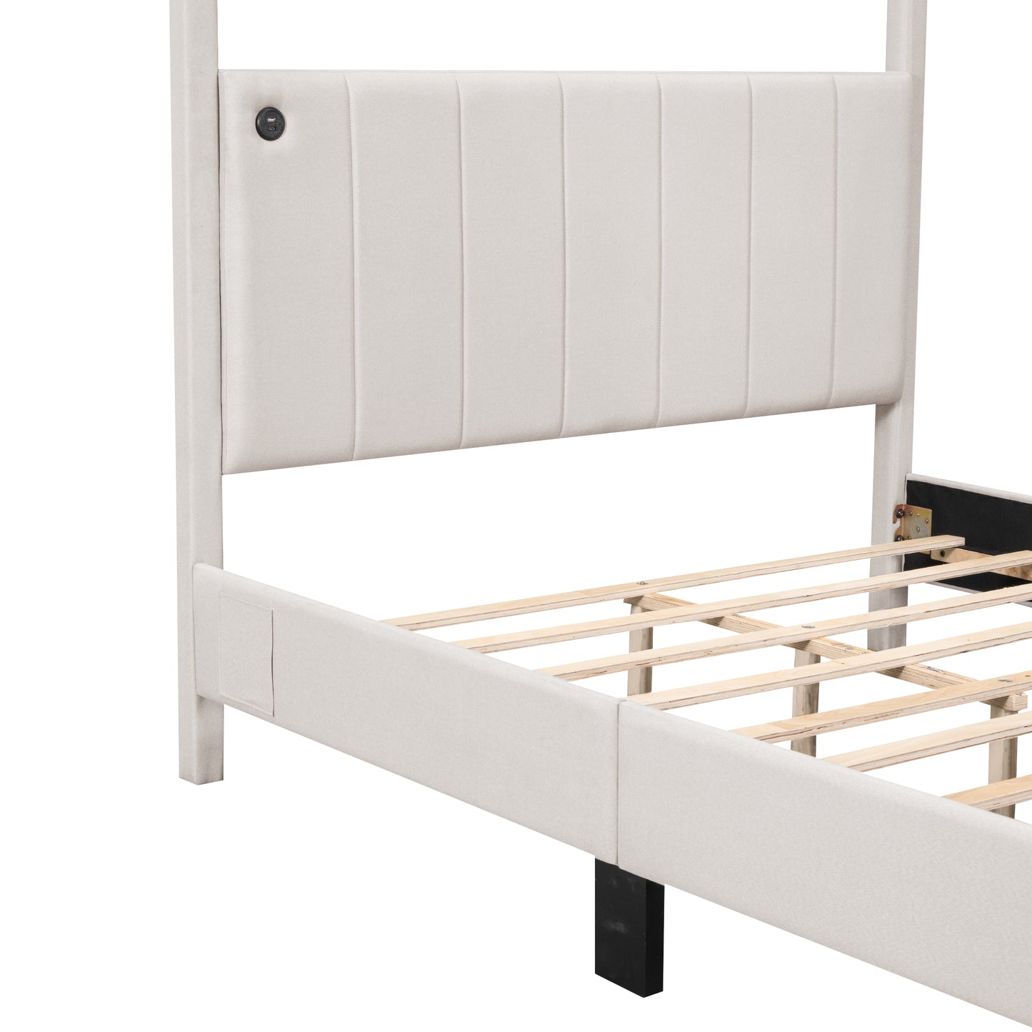 Queen Size Canopy Platform Bed with USB and Type-C Ports, Canvas, Beige