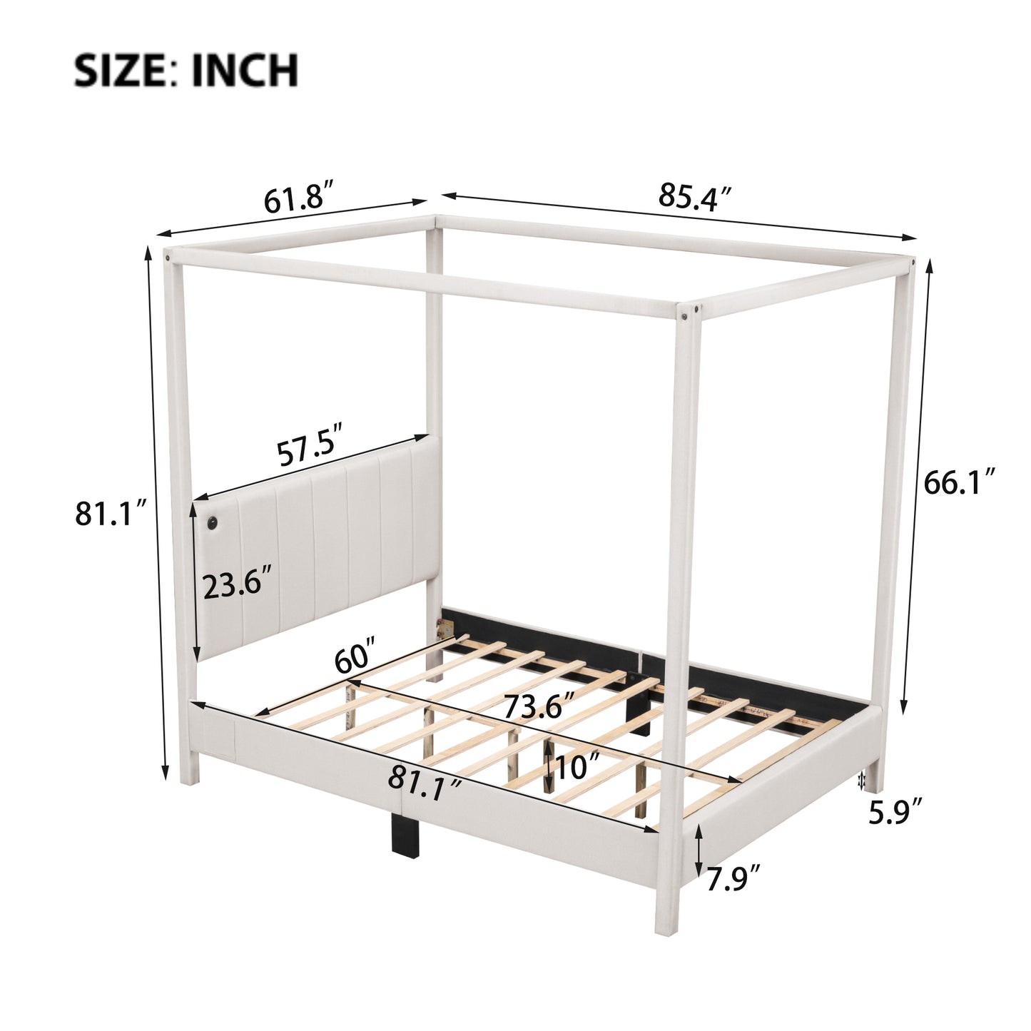 Queen Size Canopy Platform Bed with USB and Type-C Ports, Canvas, Beige