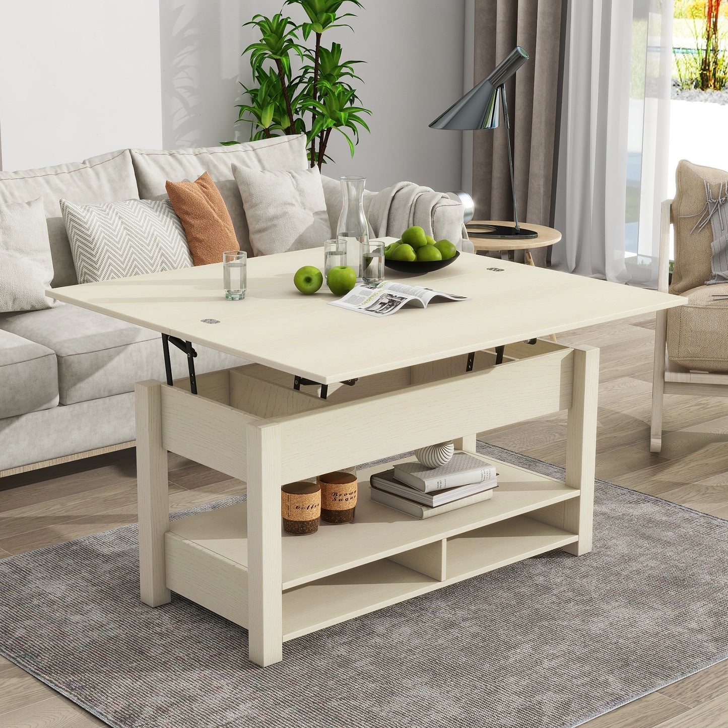 [VIDEO provided] ON-TREND Lift Top Coffee Table, Multi-Functional Coffee Table with Open Shelves, Modern Lift Tabletop Dining Table for Living Room, Home Office, Rustic Ivory