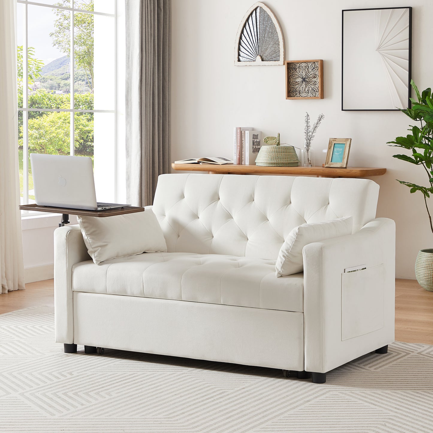 CREAM WHITE VELVET SOFA BED