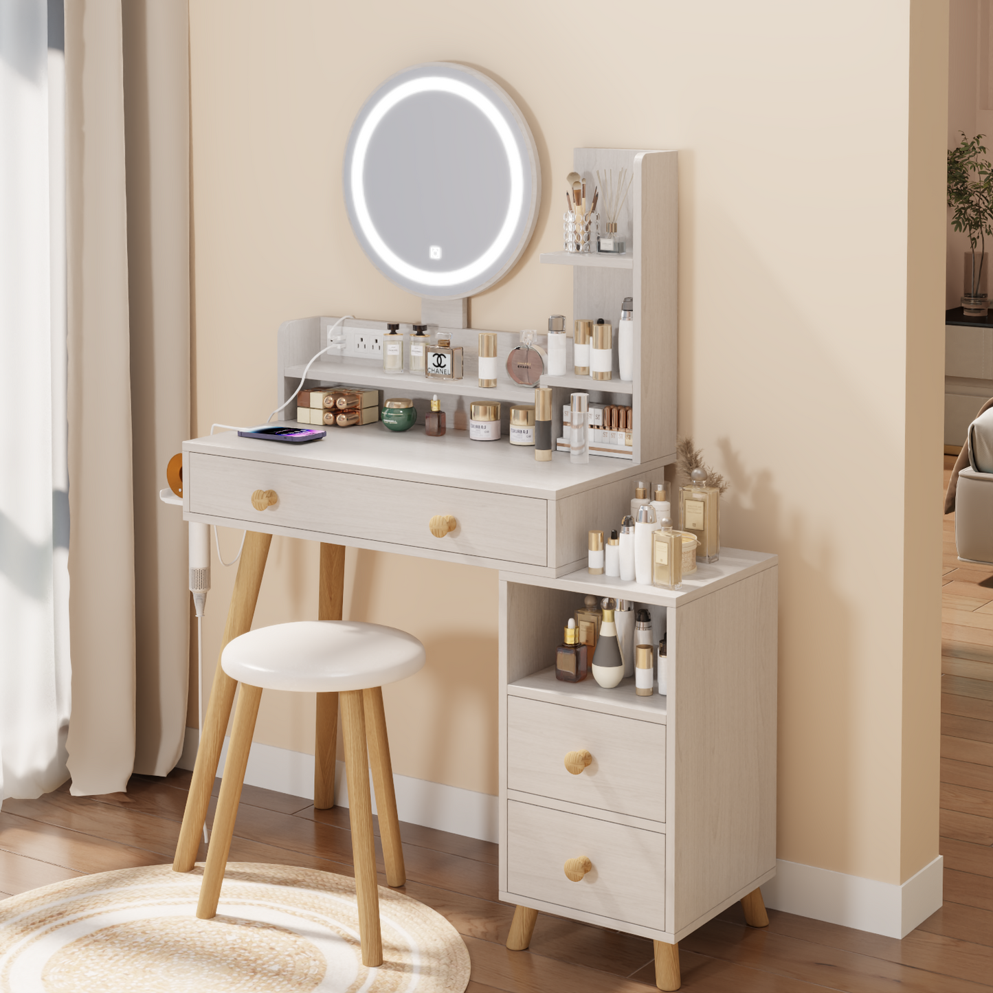 Round Mirror Bedside Cabinet Vanity Table + Cushioned Stool, With 2 AC Power + 2 USB socket, 17" diameter LED Mirror, Touch Control, 3-color, Brightness adjustable, Large desktop, Multi-layer Storage