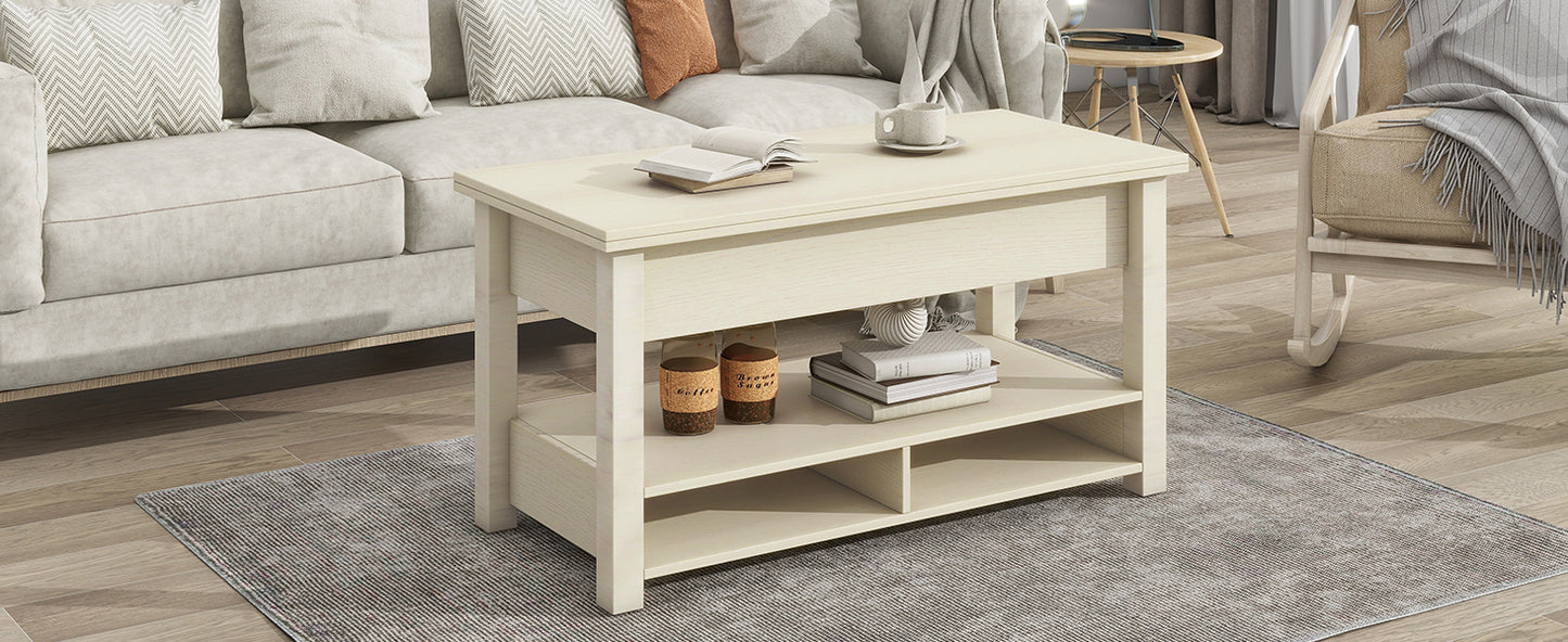 [VIDEO provided] ON-TREND Lift Top Coffee Table, Multi-Functional Coffee Table with Open Shelves, Modern Lift Tabletop Dining Table for Living Room, Home Office, Rustic Ivory