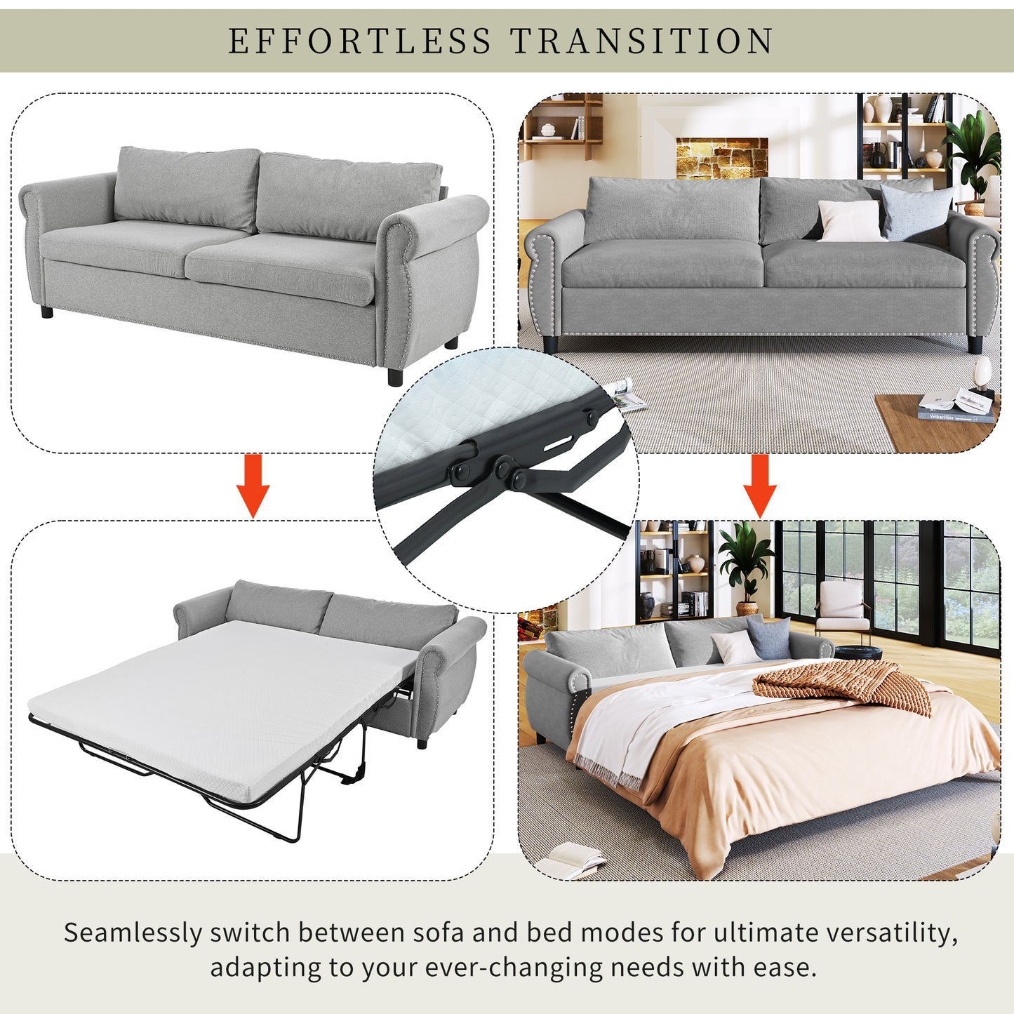 U_Style 80.7'' 2-in-1 Sofa Bed Sleeper with Large Memory Mattress(63''*70.9*3.3 inch), for Living Room Spaces Bedroom