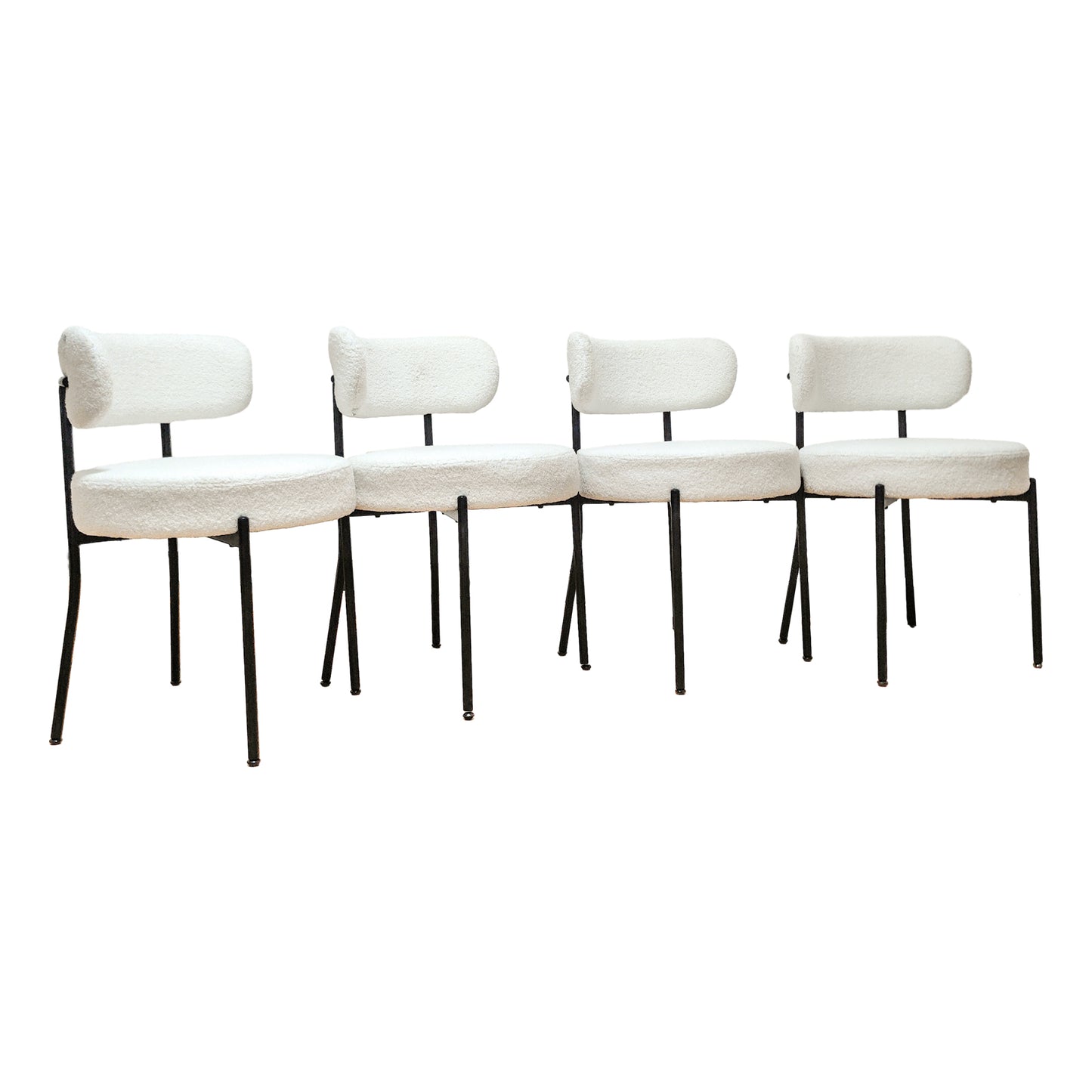 White Dining Chairs Set of 4, Mid-Century Modern Dining Chairs, Kitchen Dining Room Chairs, Curved Backrest Round Upholstered Boucle Dining Chair with Black Metal Legs