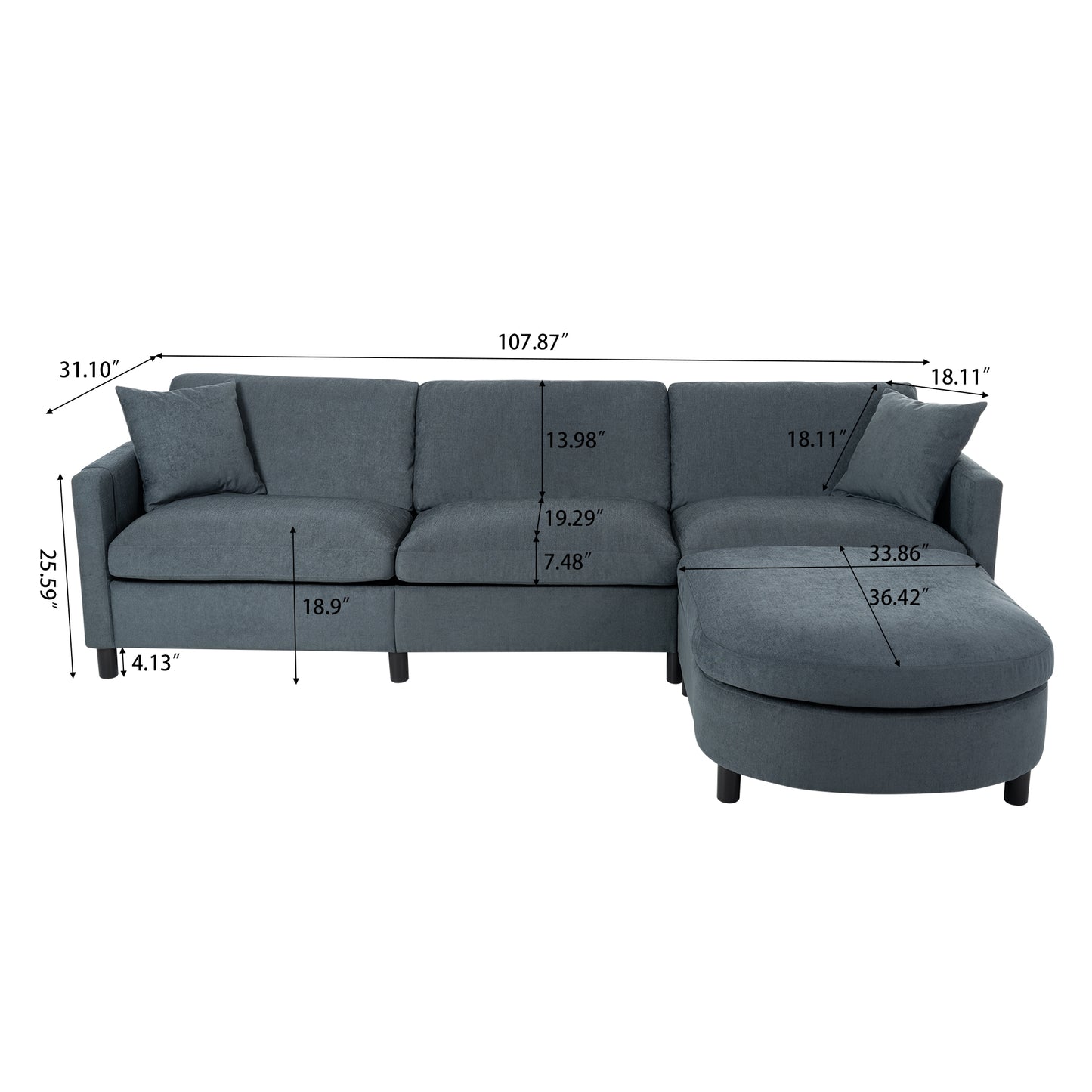 107.87'Sectional Sofa Couch With 1 Ottoman,Seat Cushion and Back Cushion Removable