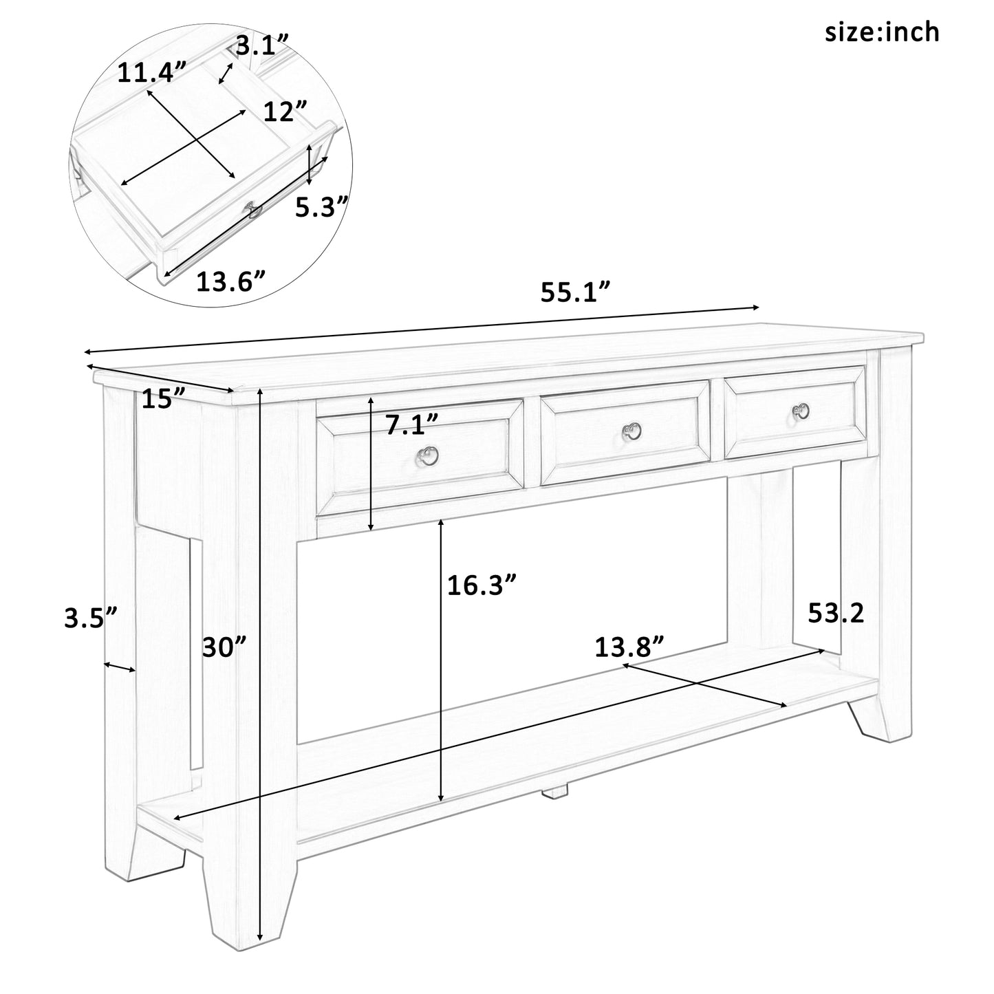 U_STYLE 55'' Modern Console Table Sofa Table for Living Room with 3 Drawers and 1 Shelf