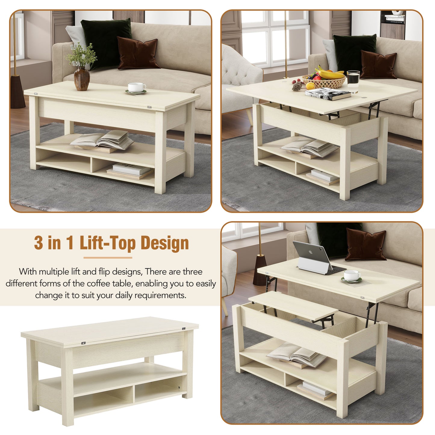 [VIDEO provided] ON-TREND Lift Top Coffee Table, Multi-Functional Coffee Table with Open Shelves, Modern Lift Tabletop Dining Table for Living Room, Home Office, Rustic Ivory