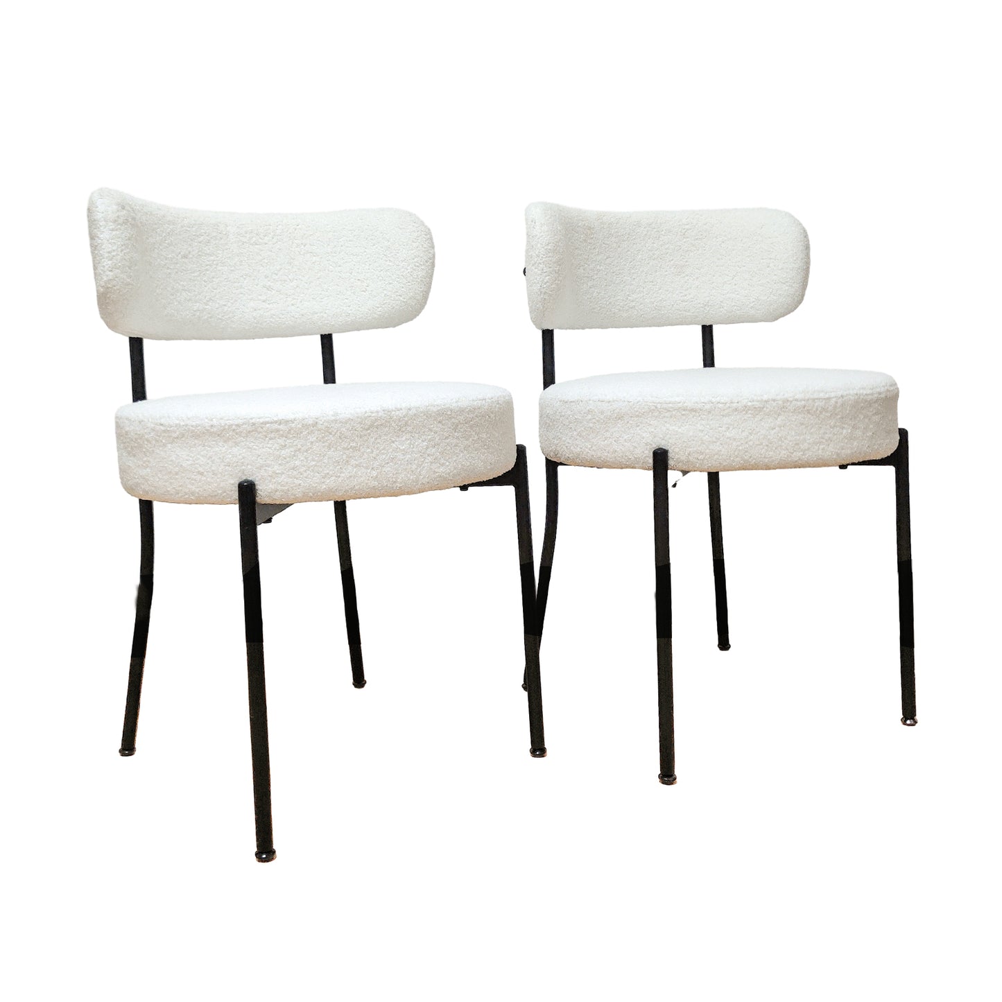 White Dining Chairs Set of 4, Mid-Century Modern Dining Chairs, Kitchen Dining Room Chairs, Curved Backrest Round Upholstered Boucle Dining Chair with Black Metal Legs