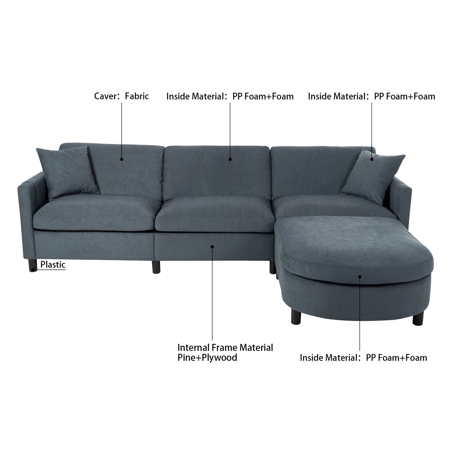 107.87'Sectional Sofa Couch With 1 Ottoman,Seat Cushion and Back Cushion Removable