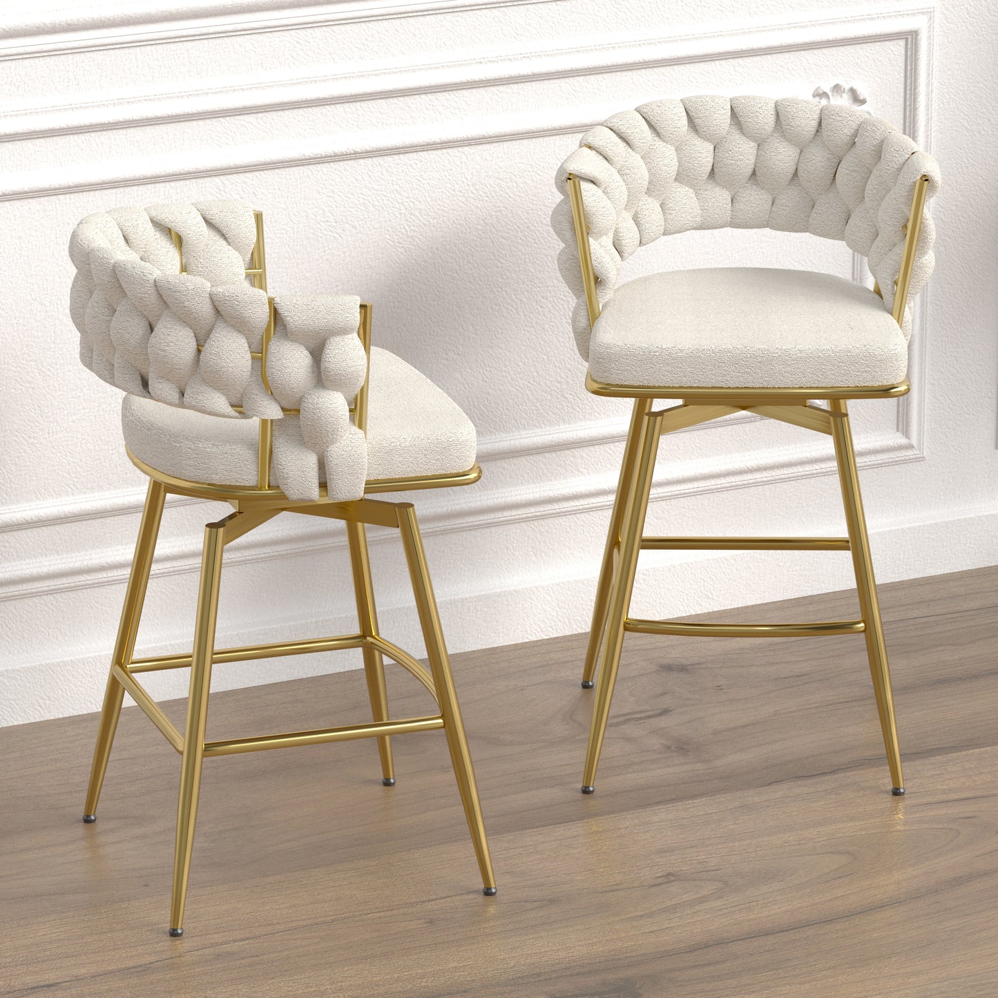 （缺货）Bar Chair Toweling Woven Bar Stool Set of 4,Golden legs Barstools No Adjustable Kitchen Island Chairs,360 Swivel Bar Stools Upholstered Counter Stool Arm Chairs with Back Footrest, (White)