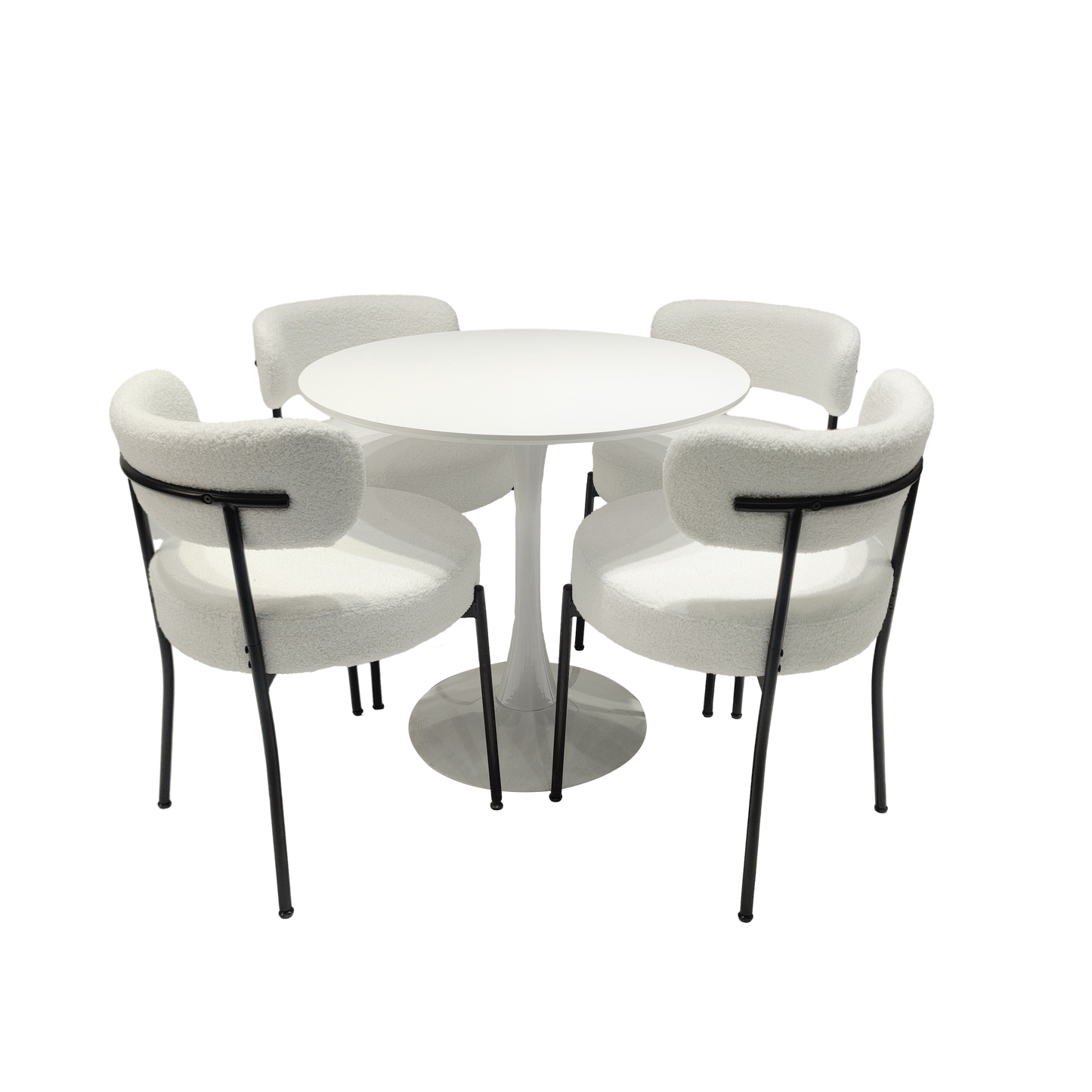 White Dining Chairs Set of 2, Mid-Century Modern Dining Chairs, Kitchen Dining Room Chairs, Curved Backrest Round Upholstered Boucle Dining Chair with Black Metal Legs