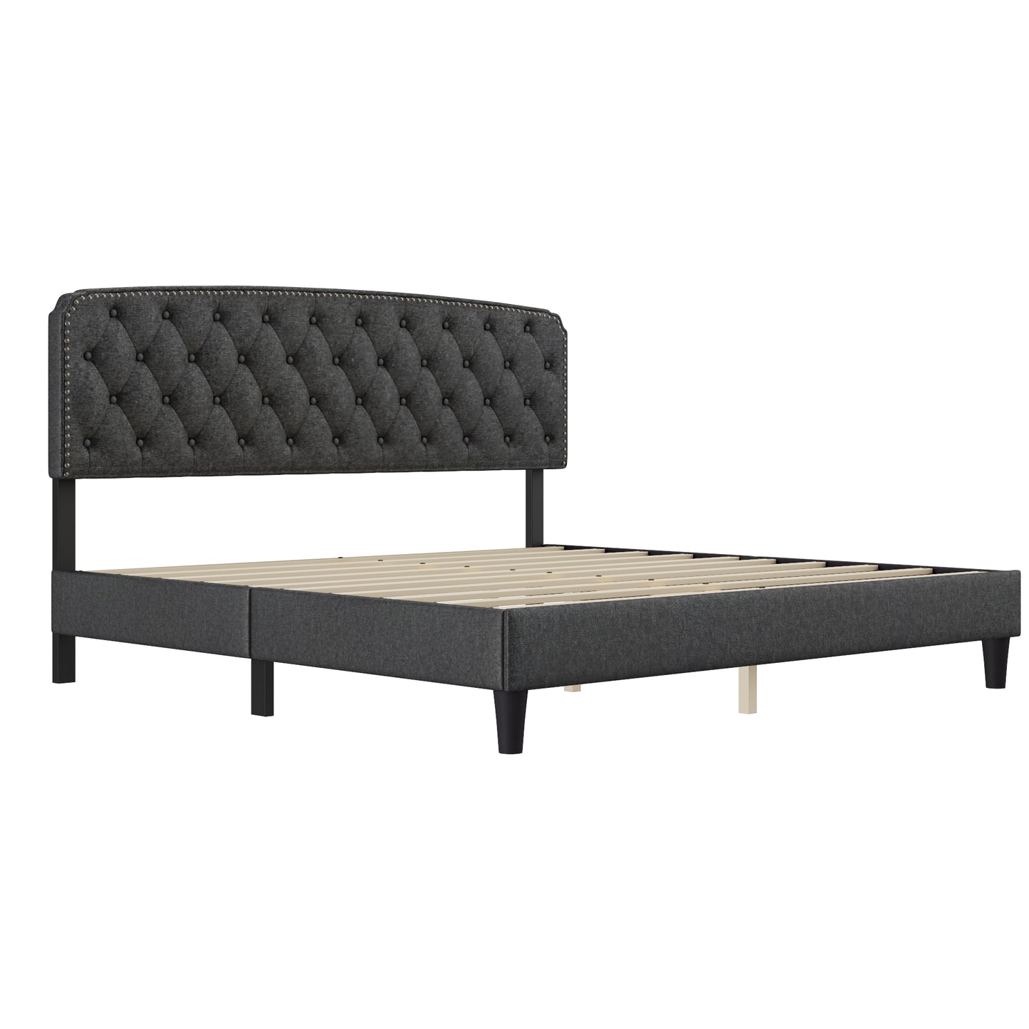 King size Adjustable Headboard with Fine Linen Upholstery and Button Tufting for Bedroom, Wave Top Dark Grey