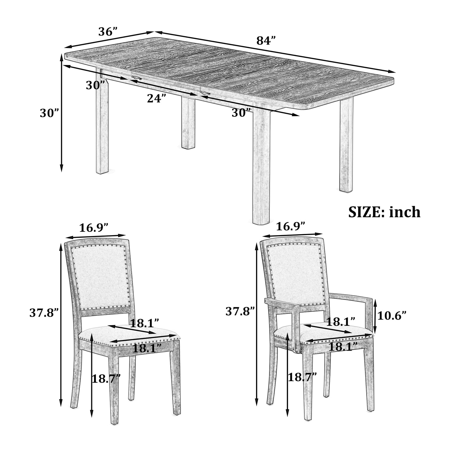 TOPMAX Rustic Extendable 84inch Dining Table Set with 24inch Removable Leaf , 6 Upholstered Armless Dining Chairs and 2 Padded Arm Chairs, 9 Pieces, Black