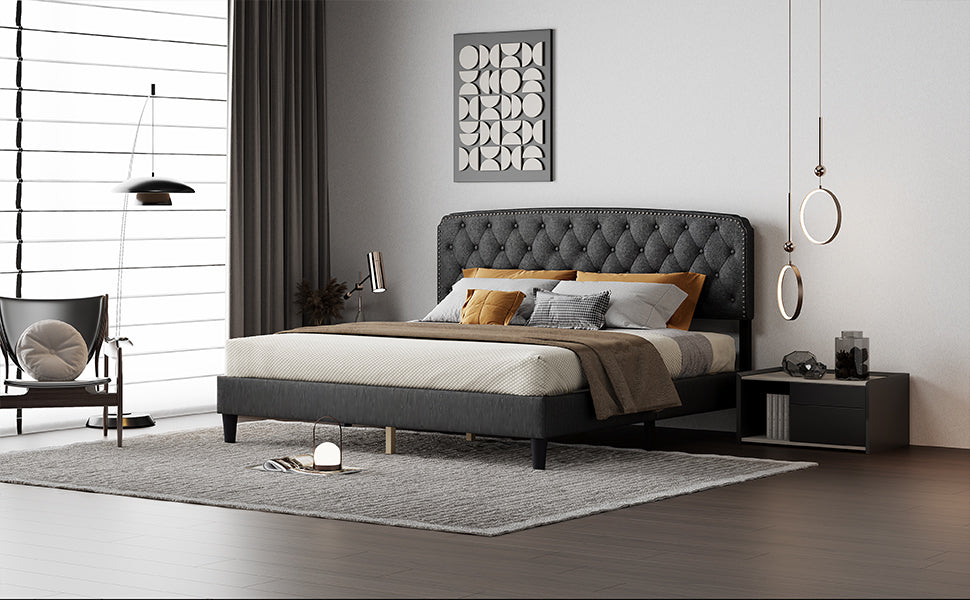 King size Adjustable Headboard with Fine Linen Upholstery and Button Tufting for Bedroom, Wave Top Dark Grey