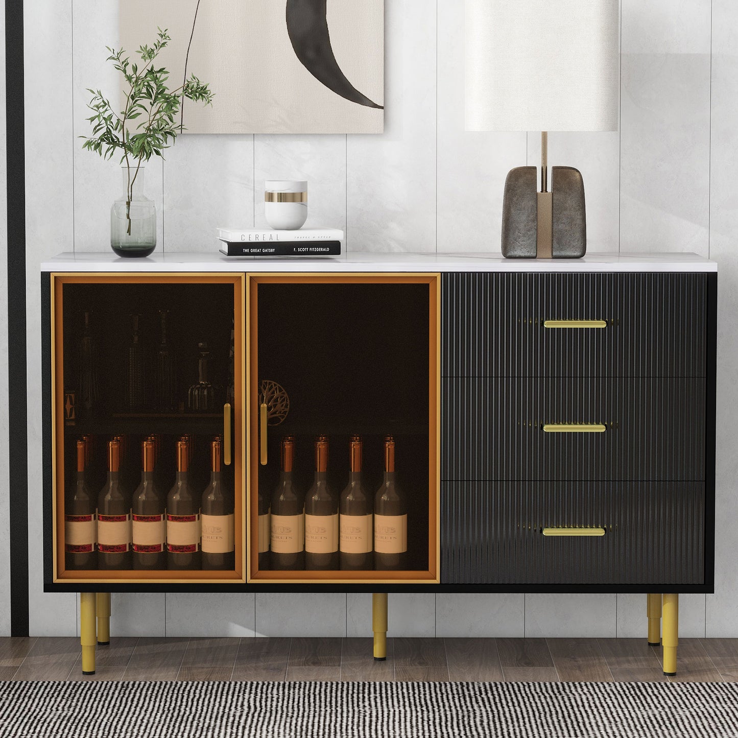 TREXM Modern Sideboard MDF Buffet Cabinet Marble Sticker Tabletop and Amber-yellow Tempered Glass Doors with Gold Metal Legs & Handles (Black)