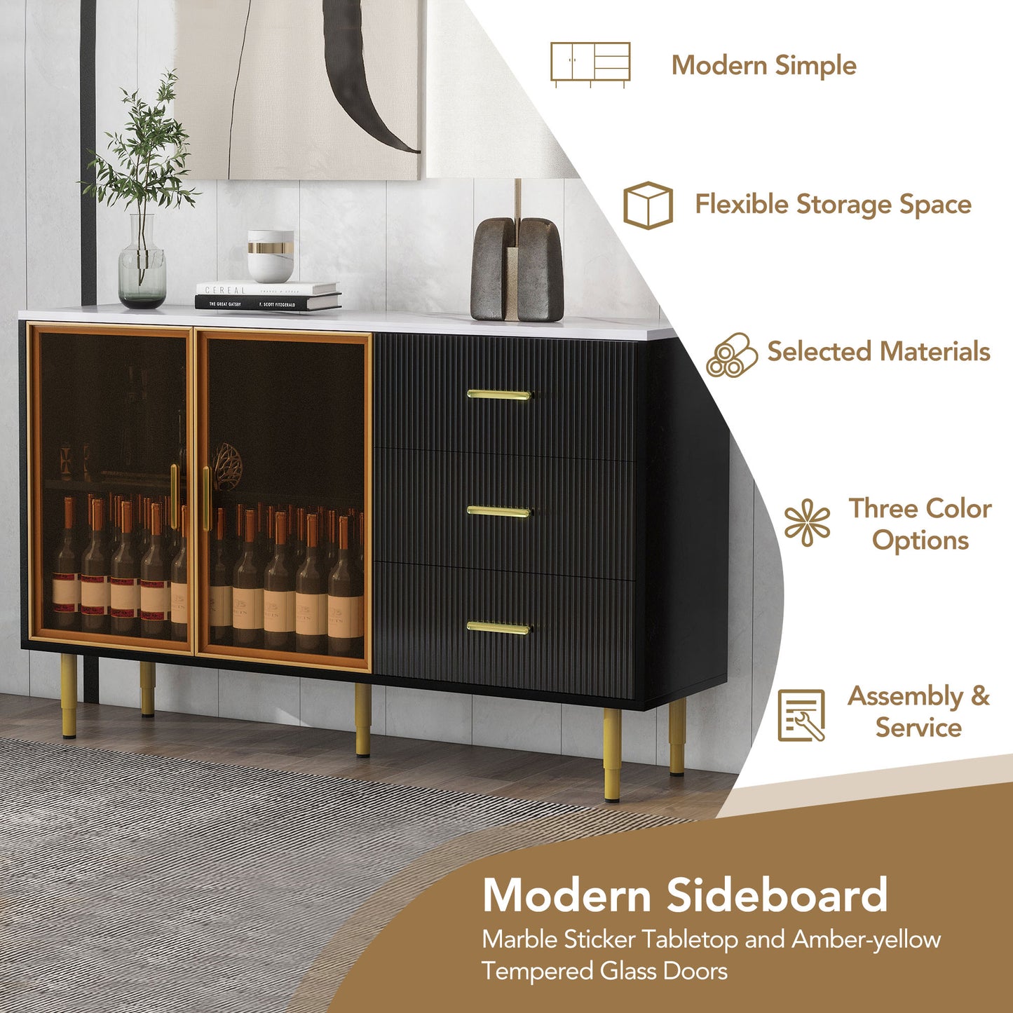 TREXM Modern Sideboard MDF Buffet Cabinet Marble Sticker Tabletop and Amber-yellow Tempered Glass Doors with Gold Metal Legs & Handles (Black)