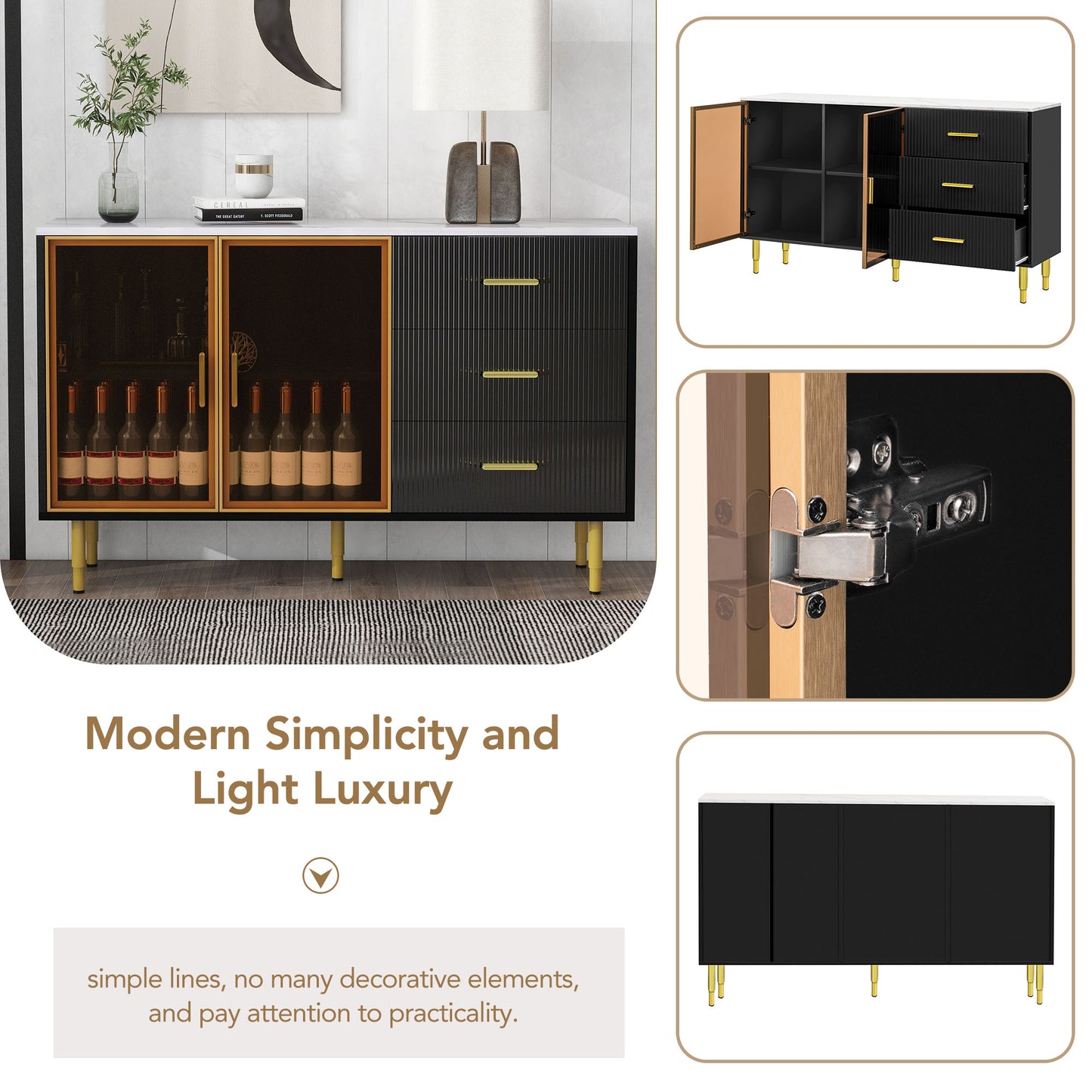 TREXM Modern Sideboard MDF Buffet Cabinet Marble Sticker Tabletop and Amber-yellow Tempered Glass Doors with Gold Metal Legs & Handles (Black)