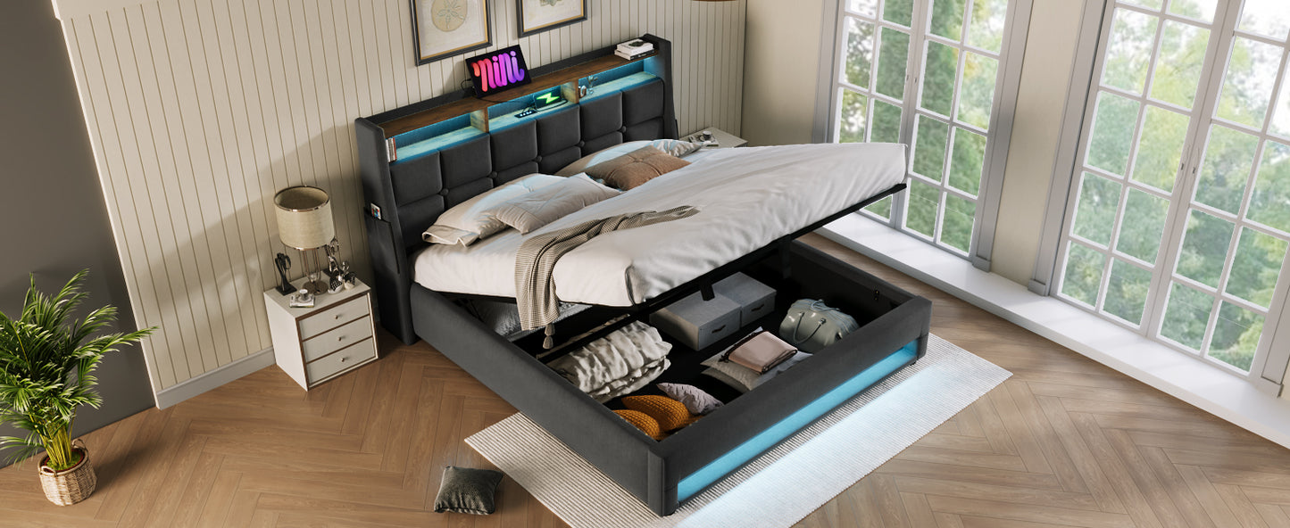 Queen size Upholstered Platform bed with a Hydraulic Storage System, LED and USB Charging, Grey (without mattress)