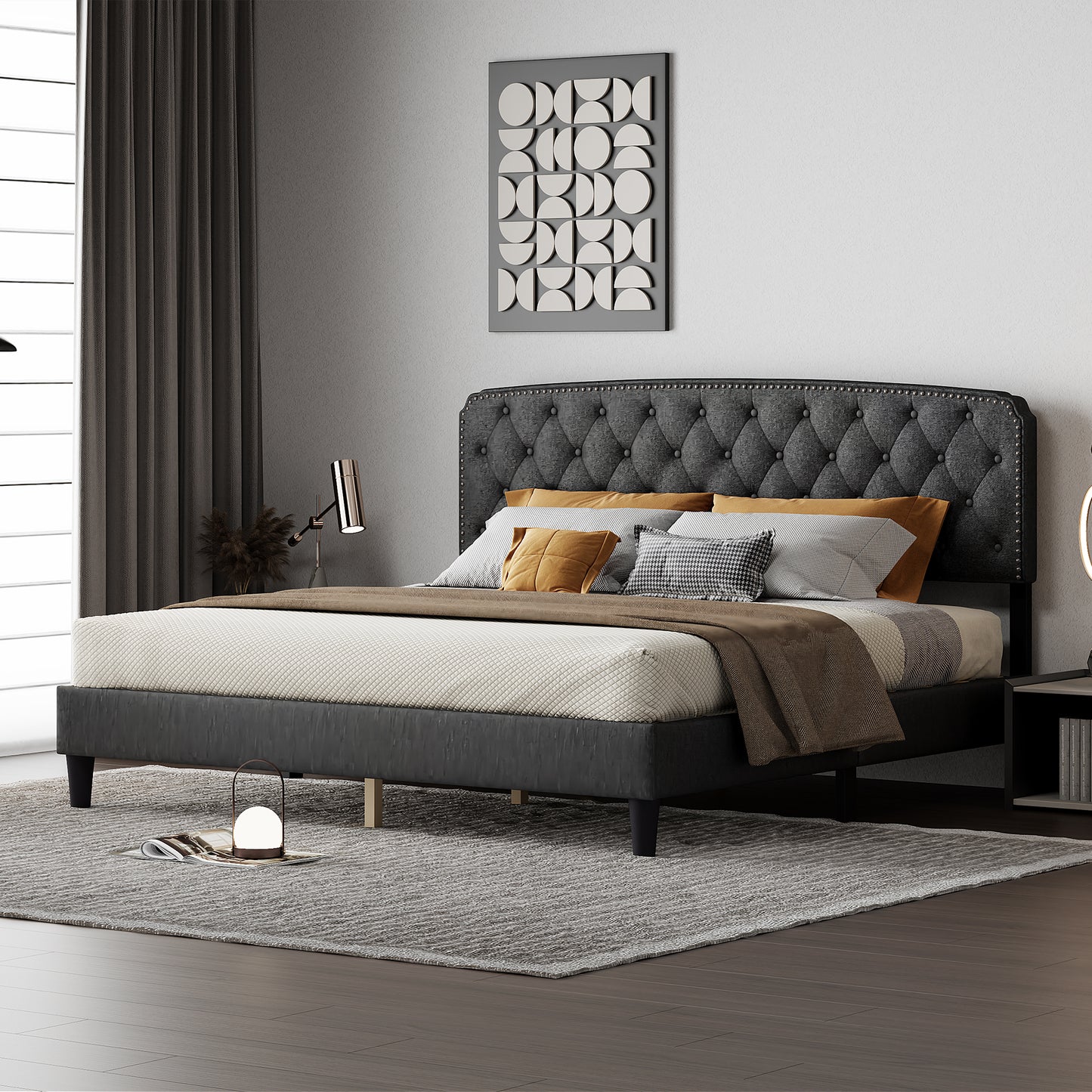 King size Adjustable Headboard with Fine Linen Upholstery and Button Tufting for Bedroom, Wave Top Dark Grey