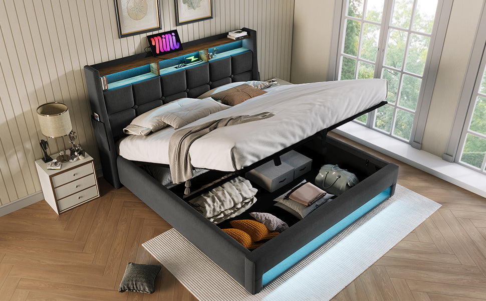 Queen size Upholstered Platform bed with a Hydraulic Storage System, LED and USB Charging, Grey (without mattress)