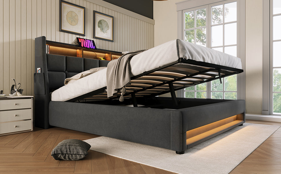 Queen size Upholstered Platform bed with a Hydraulic Storage System, LED and USB Charging, Grey (without mattress)