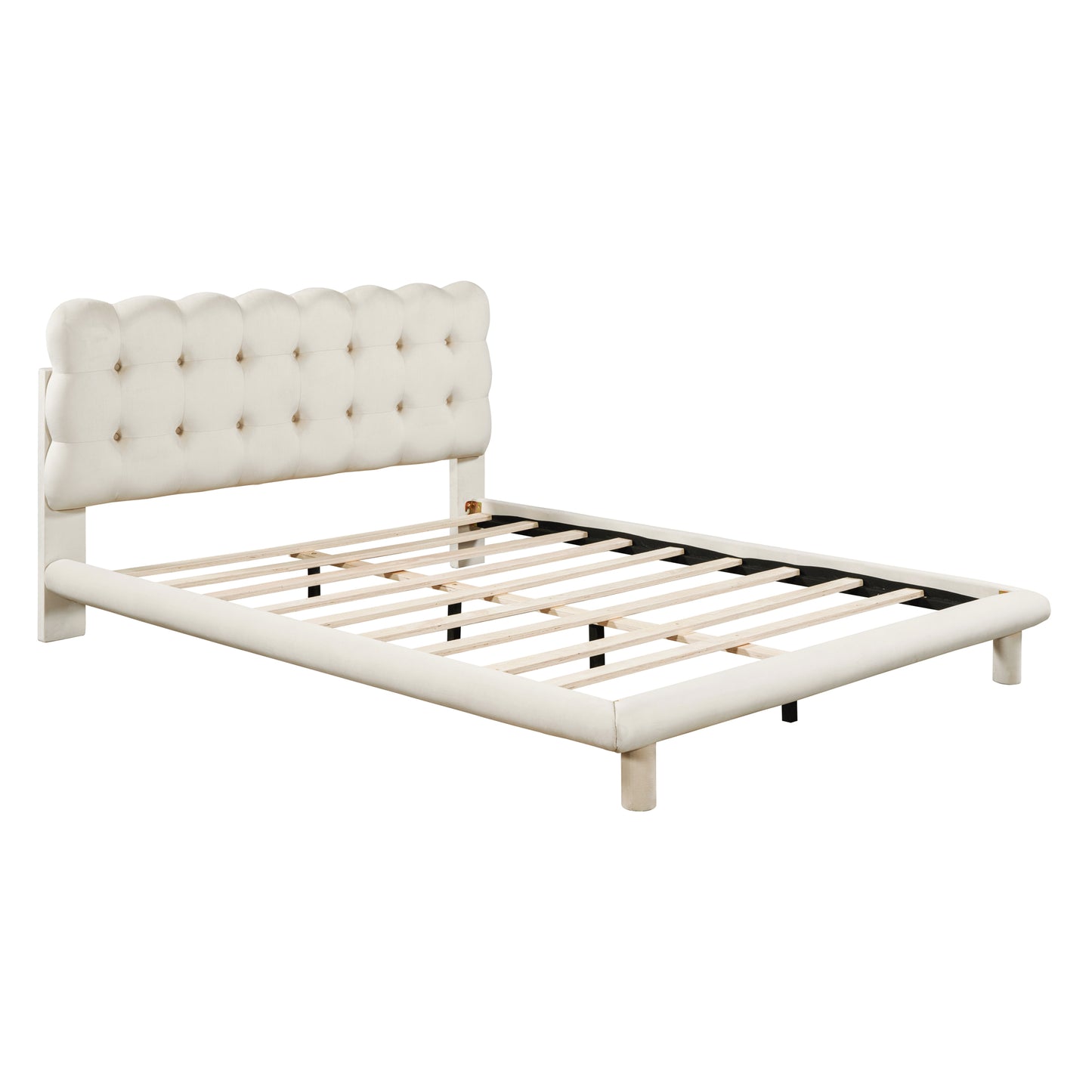 Queen Size Velvet Platform Bed with LED Frame, Thick & Soft Fabric and Button-tufted Design Headboard, Beige