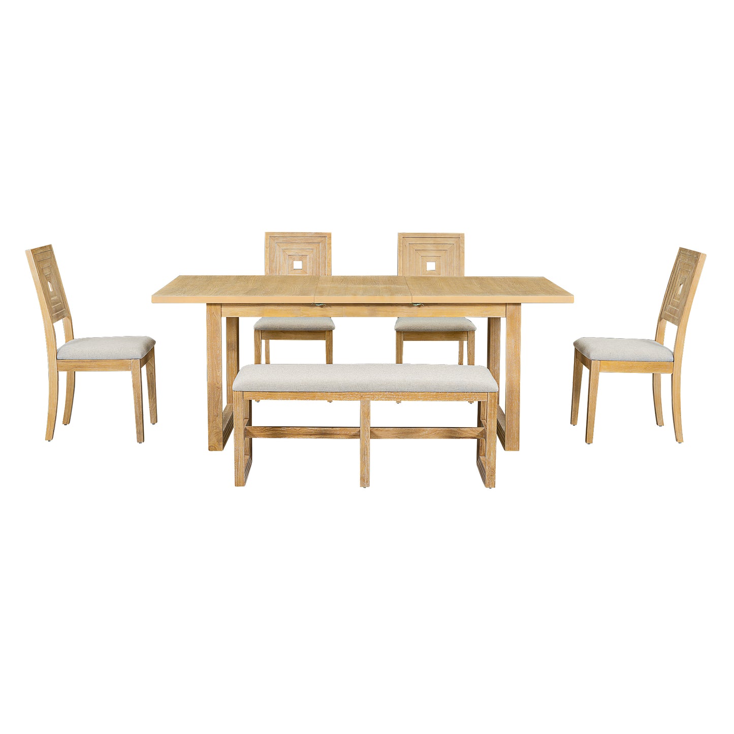 （缺货）TOPMAX Modern 78inch 6-Piece Extendable Dining Table Set, 4 Upholstered Dining Chairs and Dining Bench, 18" Butterfly Leaf, Natural