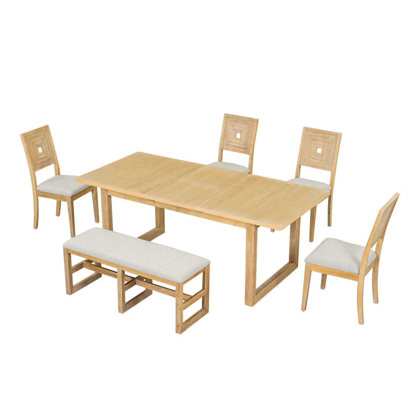 （缺货）TOPMAX Modern 78inch 6-Piece Extendable Dining Table Set, 4 Upholstered Dining Chairs and Dining Bench, 18" Butterfly Leaf, Natural