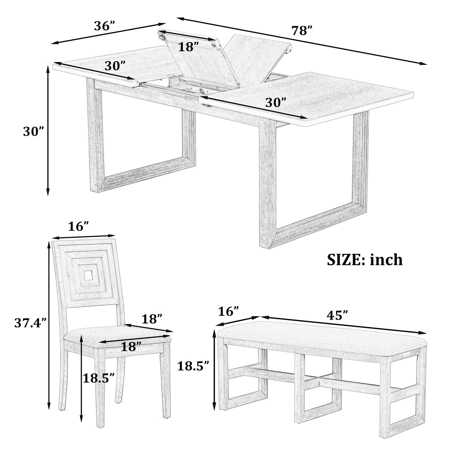 （缺货）TOPMAX Modern 78inch 6-Piece Extendable Dining Table Set, 4 Upholstered Dining Chairs and Dining Bench, 18" Butterfly Leaf, Natural