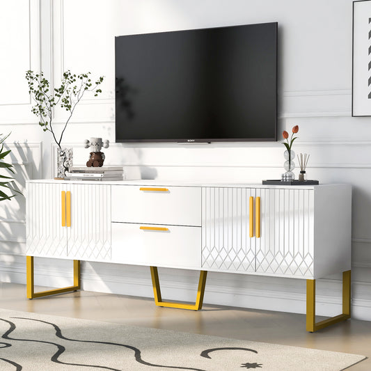 U-Can Modern TV Stand for TVs up to 75 Inches, Storage Cabinet with Drawers and Cabinets, Wood TV Console Table with Metal Legs and Handles for Living room, White