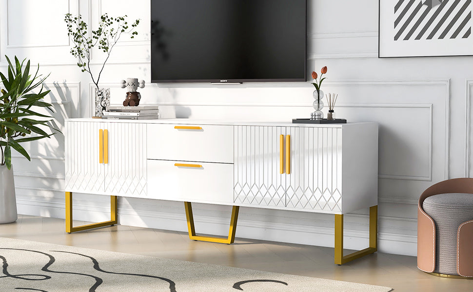 U-Can Modern TV Stand for TVs up to 75 Inches, Storage Cabinet with Drawers and Cabinets, Wood TV Console Table with Metal Legs and Handles for Living room, White